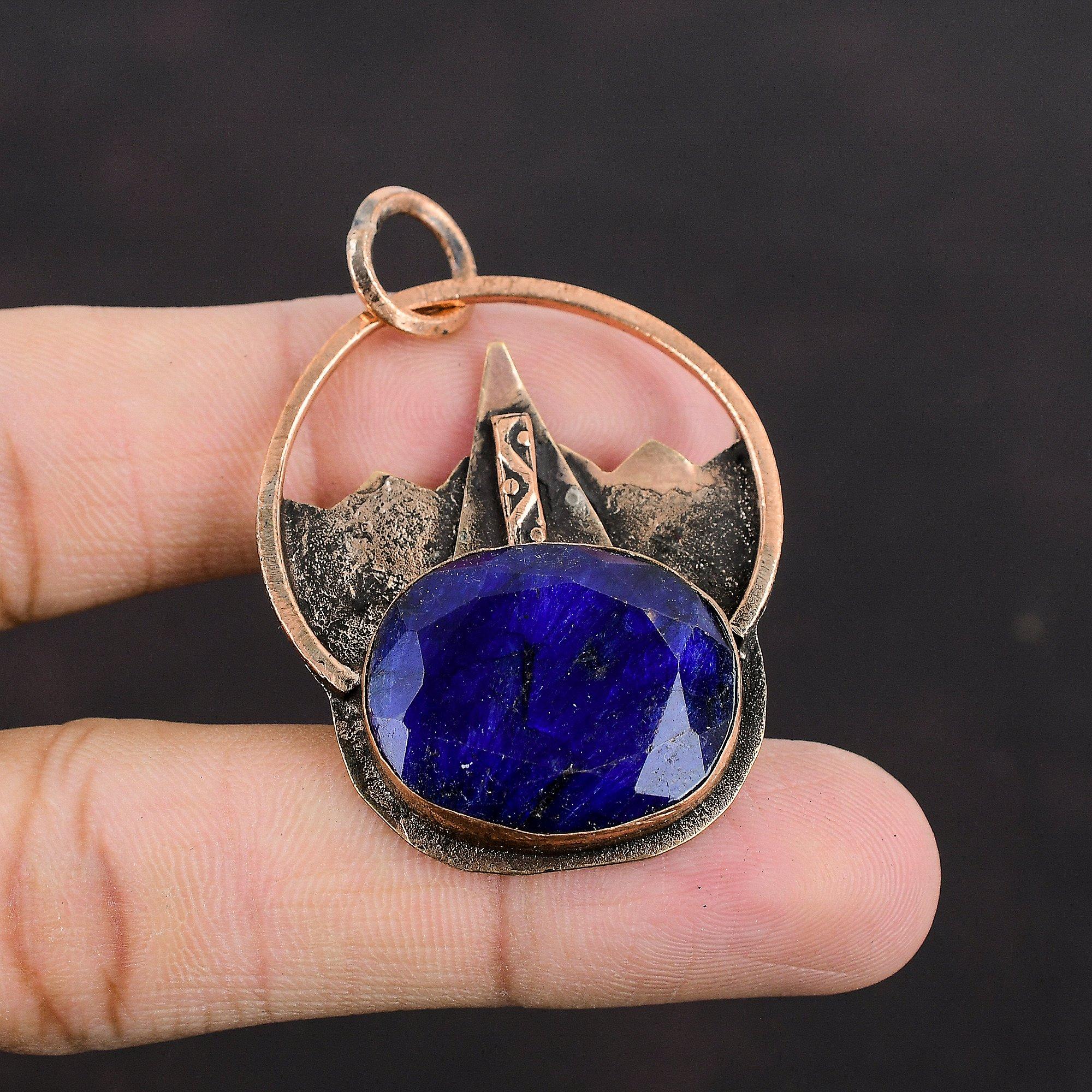 Faceted Blue Sapphire Pendant Copper Pendant Original Gemstone Pendant Antique Copper Jewelry Handmade Elegant Pendant Designer Jewelry Gift