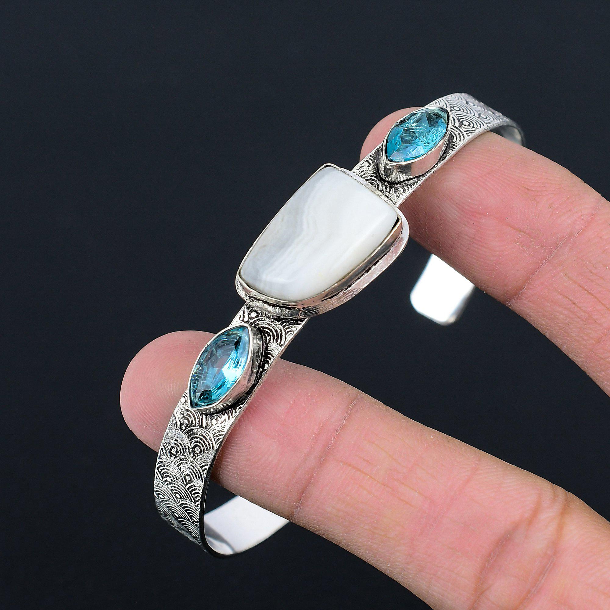 Natural Blue Lace Agate Gemstone Bangle Adjustable 925 Sterling Silver For Girls