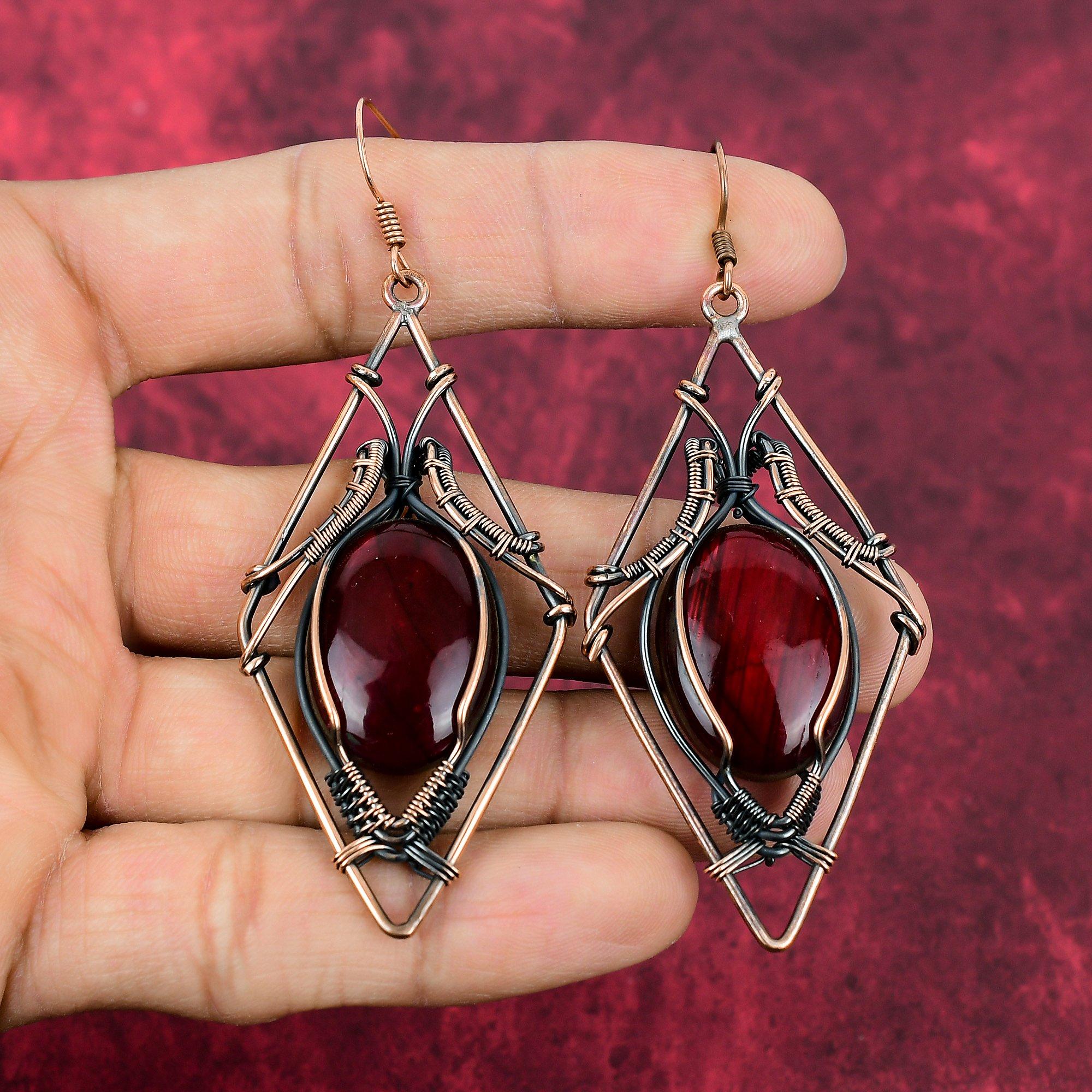Red Fire Labradorite Earring Copper Wire Wrapped Earrings Handmade Earrings Copper Wire Jewelry Brand New Earring Gemstone Jewelry For Gifts