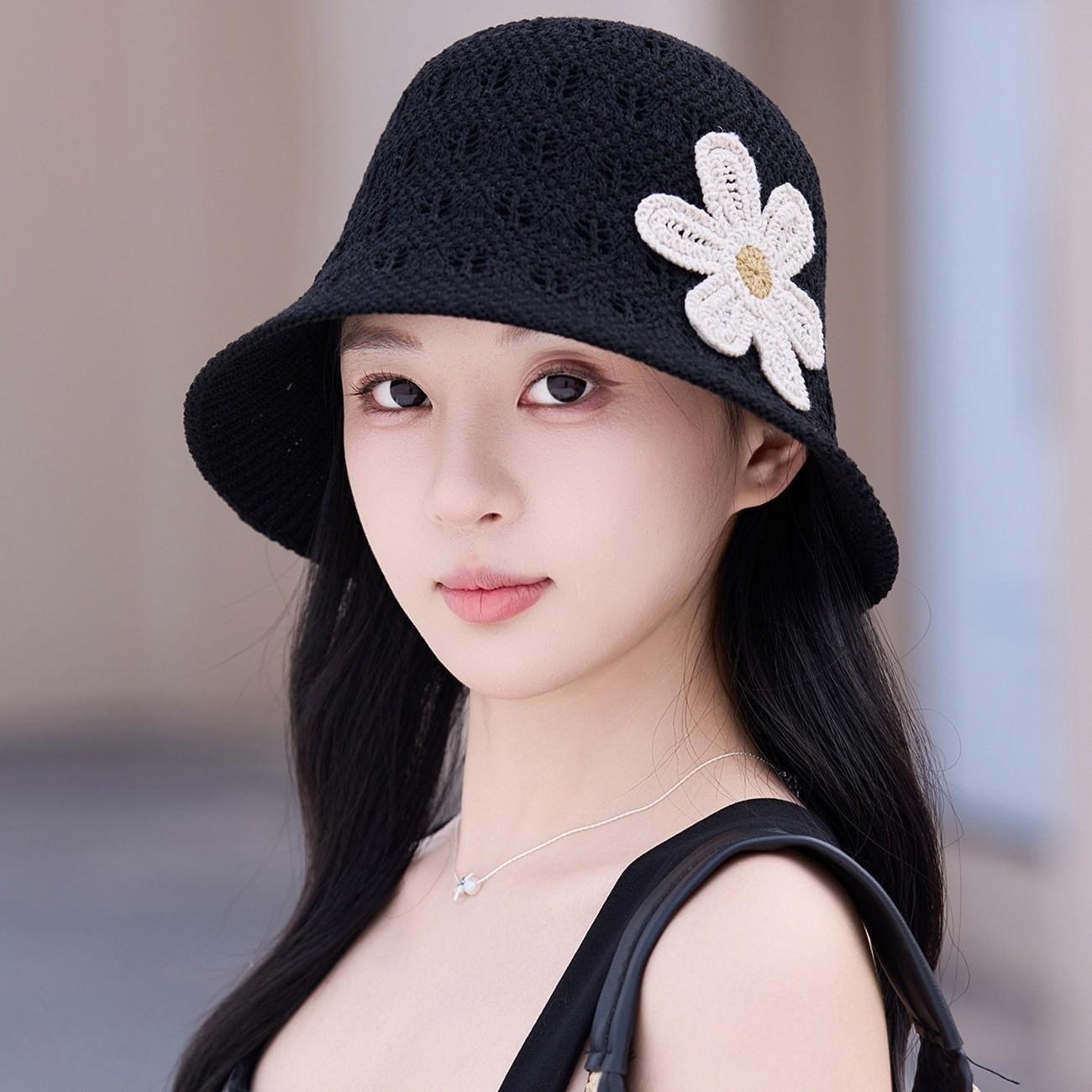 Solid Knit Hollow Out Bucket Hat Women Spring Summer Breathable UV Sun Protection Fisherman Hat