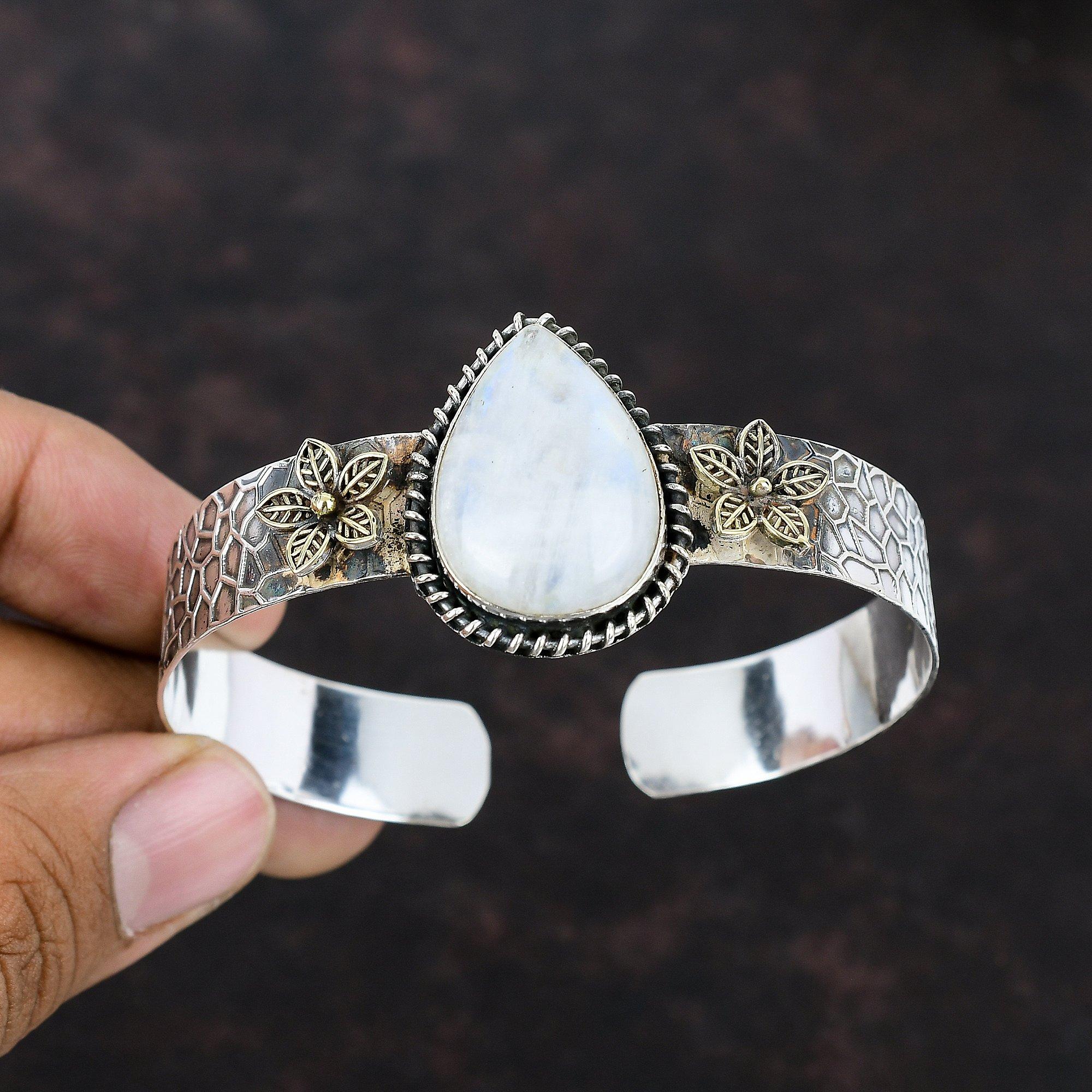 Rainbow Moonstone Bangle 925 Sterling Silver Adjustable Cuff Bracelet 18K Gold Plated Original Gemstone Bangle Handmade Jewelry Gift For Her