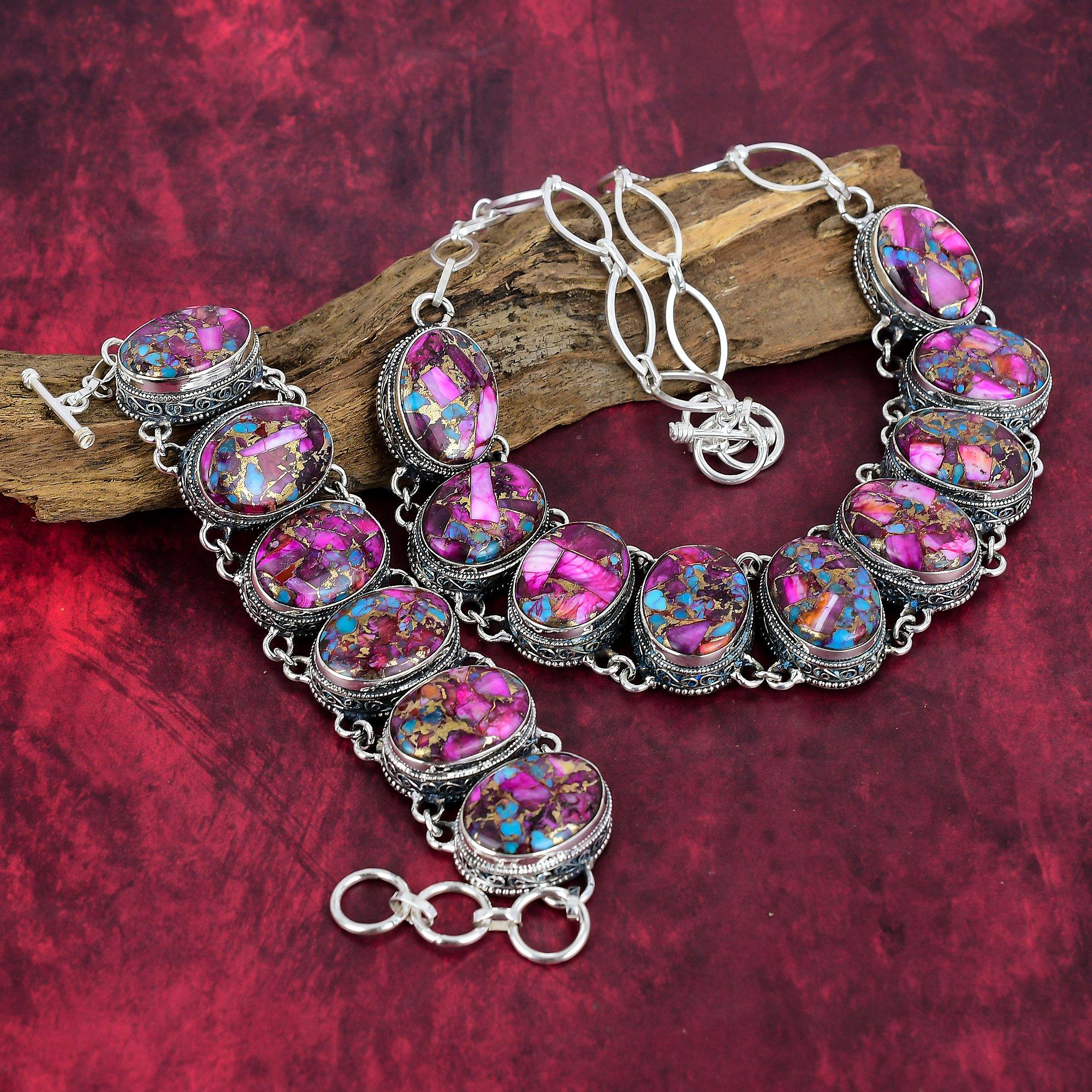 Pink Spiny Oyster Jewelry Designer Necklace, 925 Solid Sterling Silver Adjustable Chain Bracelet, Handmade Bracelet & Necklace Jewelry Set