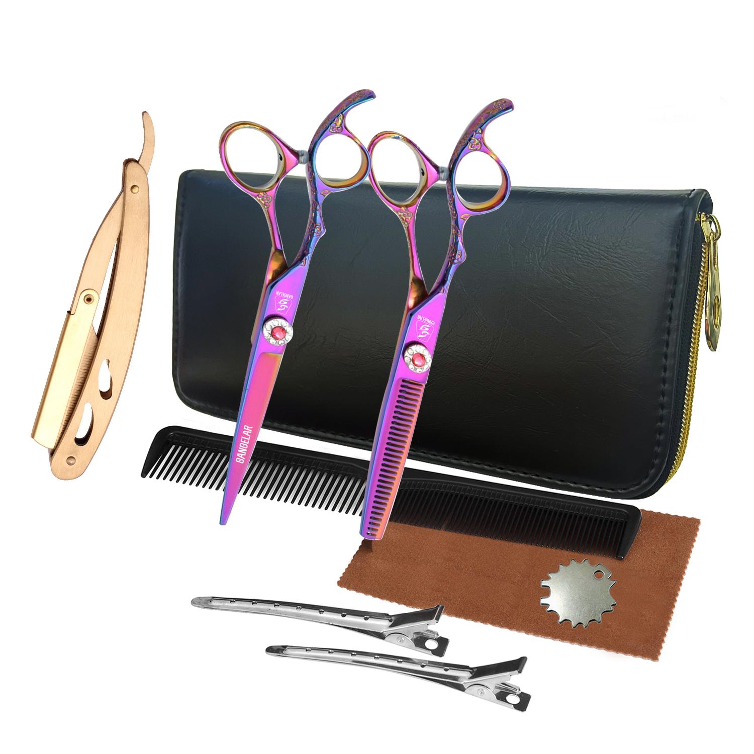 SANGELAR 6 Inch Left Handed Professional Lefty Hair Shear Set Japanese Steel Haircut Regular & Thinning Scissors for Barbers and Salon