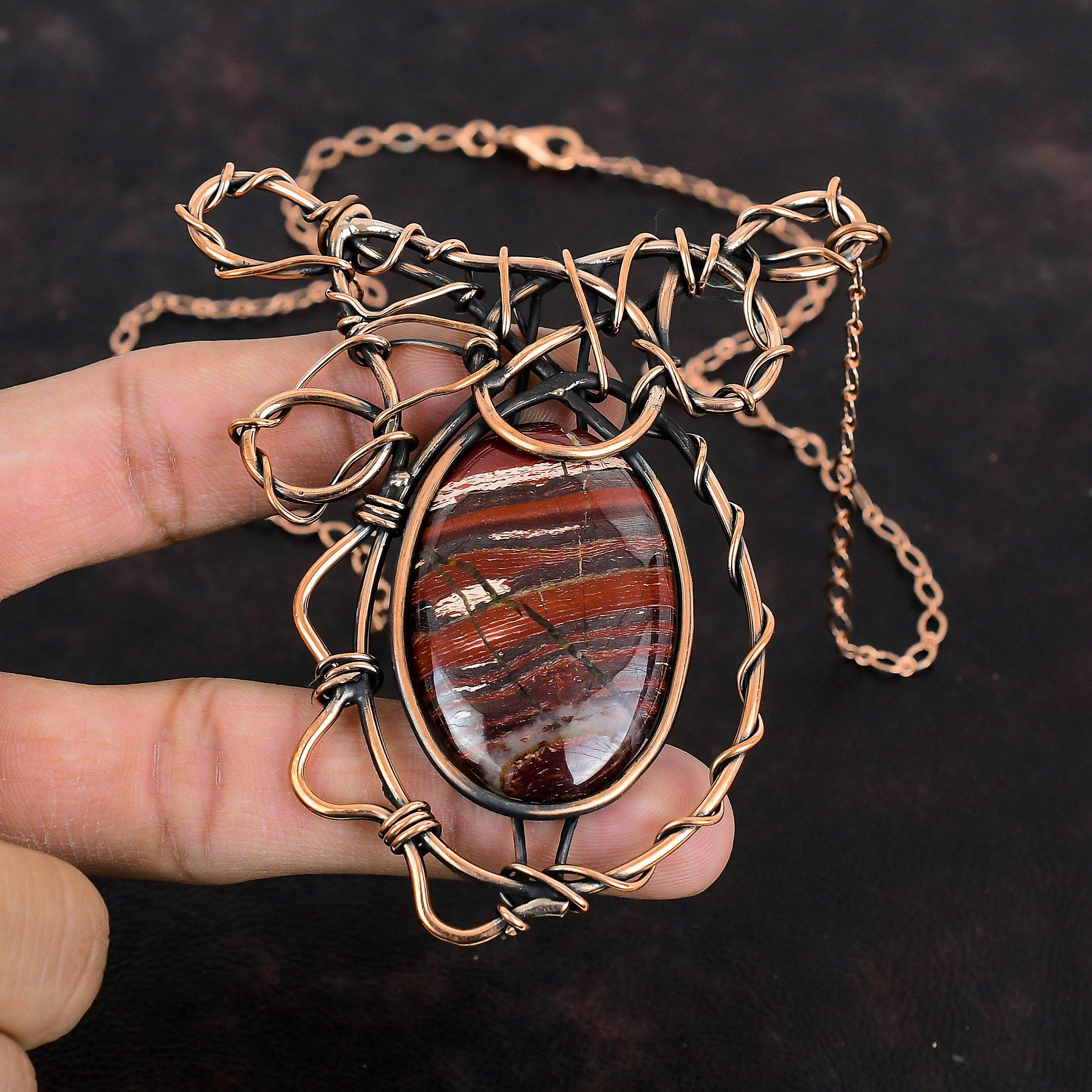 Red Snakeskin Jasper Necklace Copper Wire Wrapped Handmade Necklace Adjustable Chain Necklace Gemstone Copper Wire Jewelry Anniversary Gifts