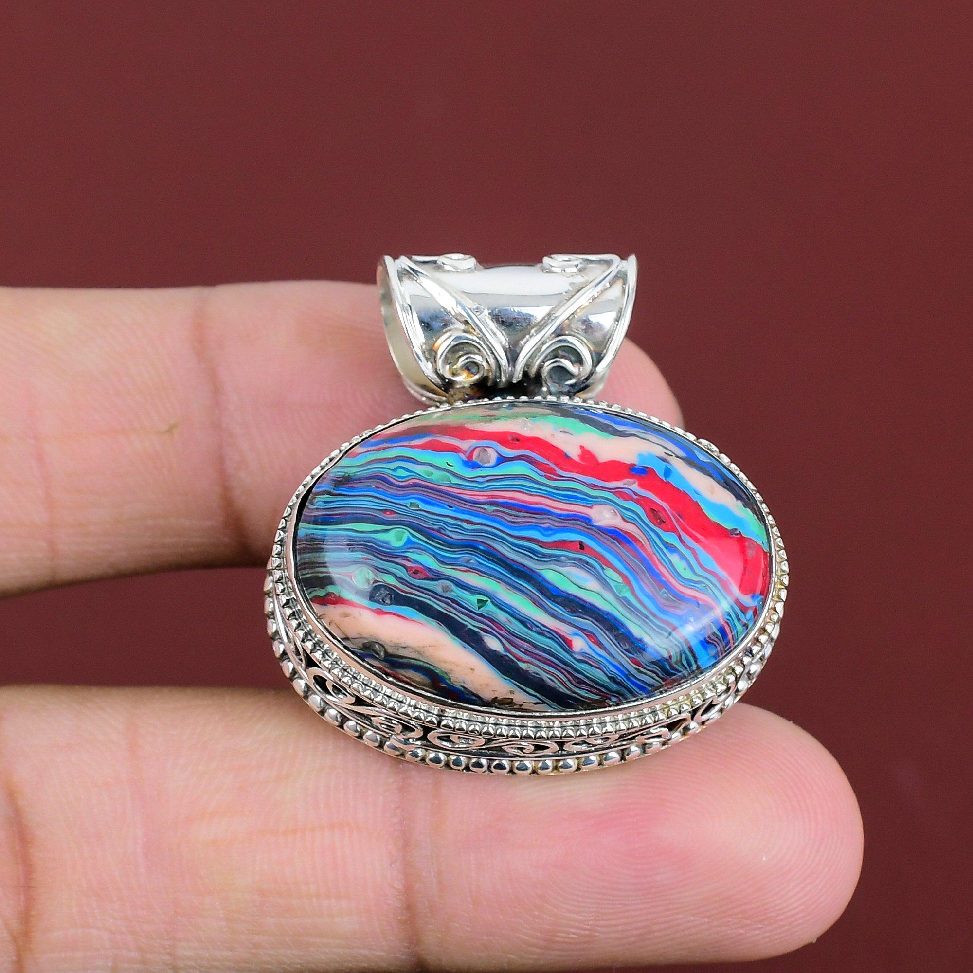 Rainbow Calsilica Pendant Real Gemstone Pendant 925 Sterling Silver Pendant Rainbow Calsilica Jewelry Handmade Vintage Pendant Gifts For Mom