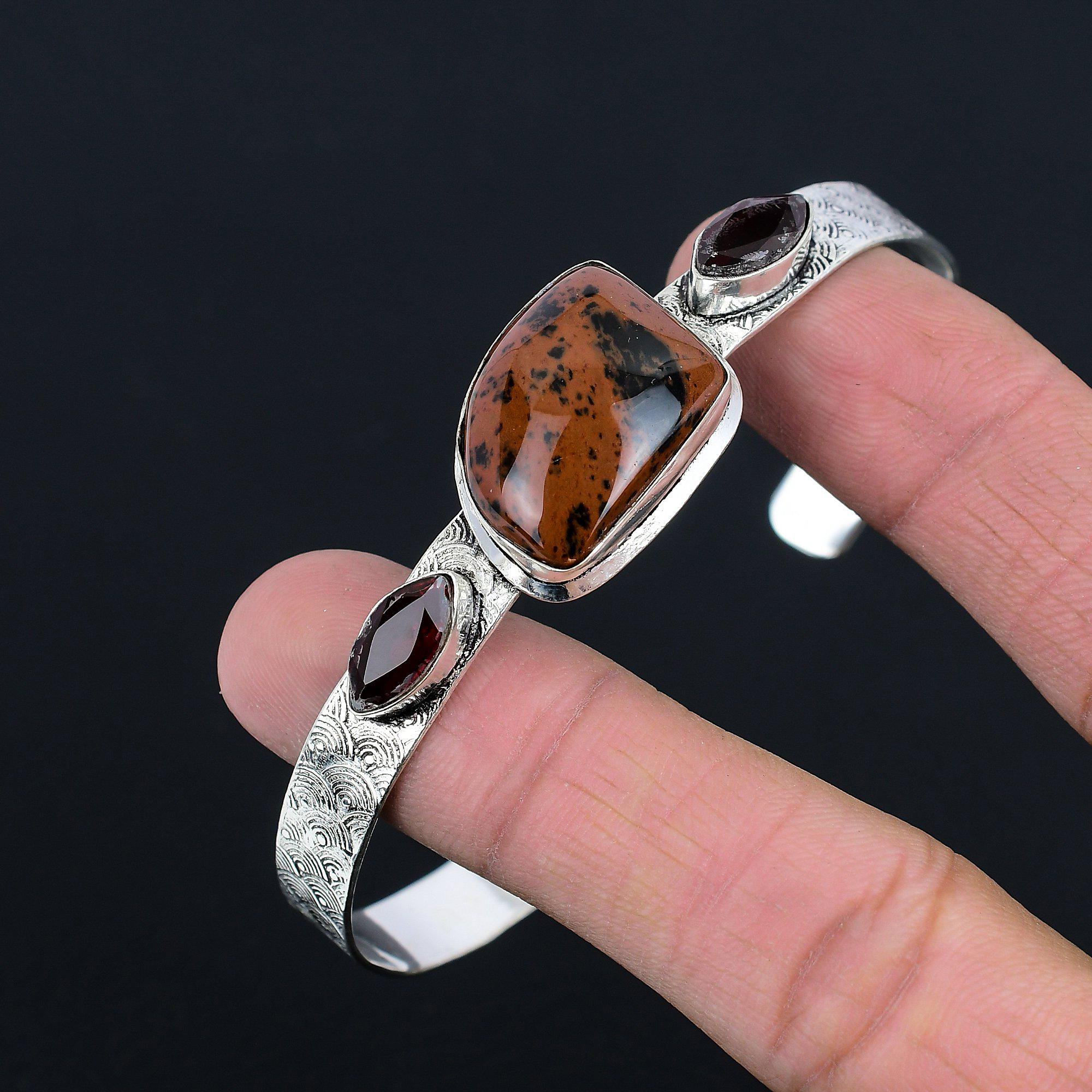 Daughters Day Sale 925 Sterling Silver Mahogany Obsidian Gemstone Garnet Bangle