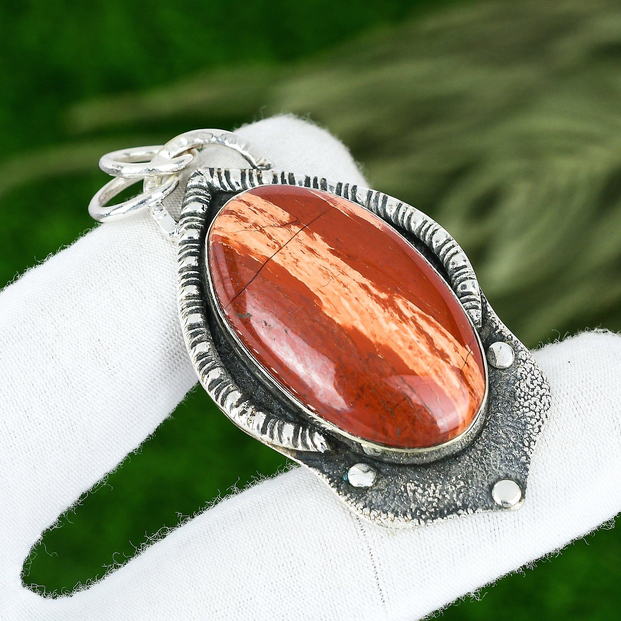Gift For Women Pendant 925 Sterling Silver Natural Red Snakeskin Jasper Gemstone