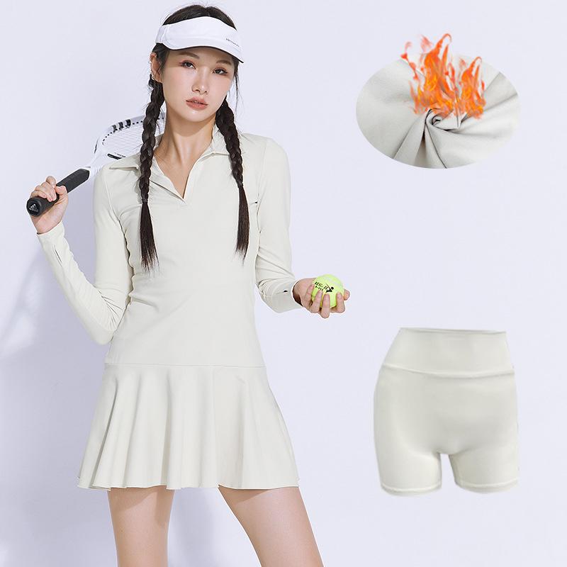 Warmes Langarm-Tenniskleid für Damen im Herbst und Winter, aktives Trainingskleid, Polokragen, sportliches Yoga, Lauftraining, Golfkleider mit Taschen, Shorts