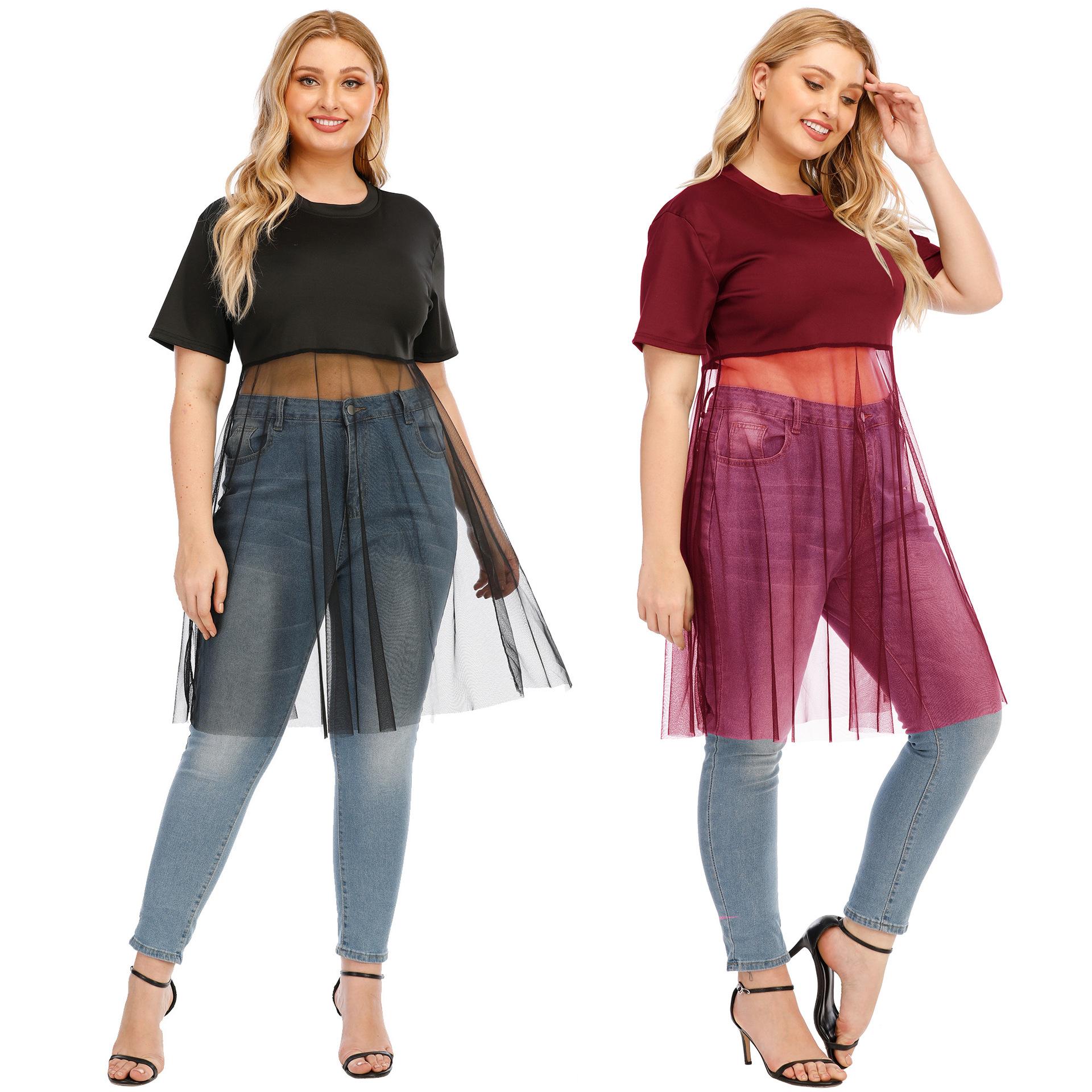 חולצת טריקו לנשים קיץ מידה גדולה סקסית שקופה חיבור רשת צוואר עגול אופנה חולצת טריקו חולצות שרוולים קצרים