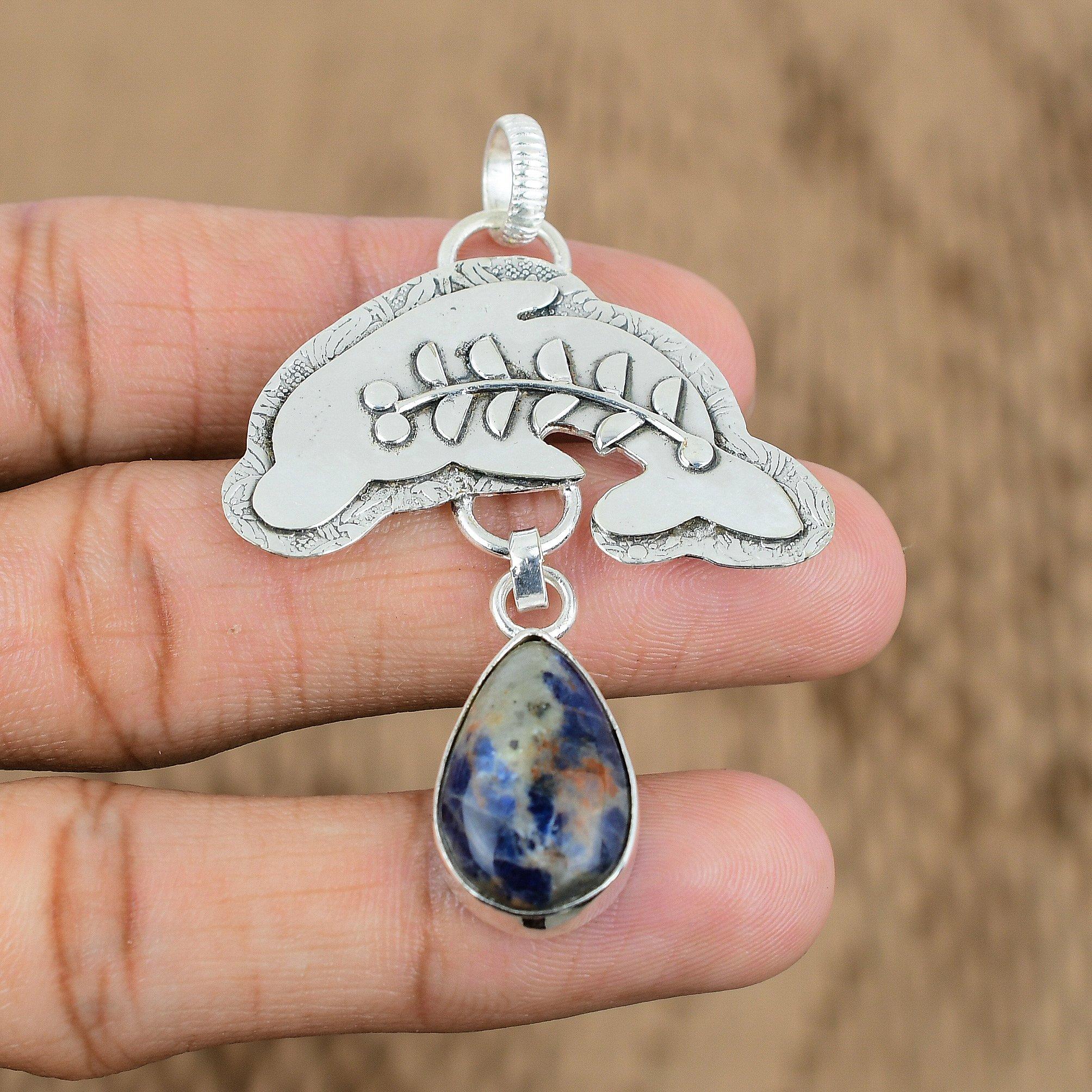 Birthday Gift For Her Natural Sodalite Gemstone Pendant Fish 925 Sterling Silver