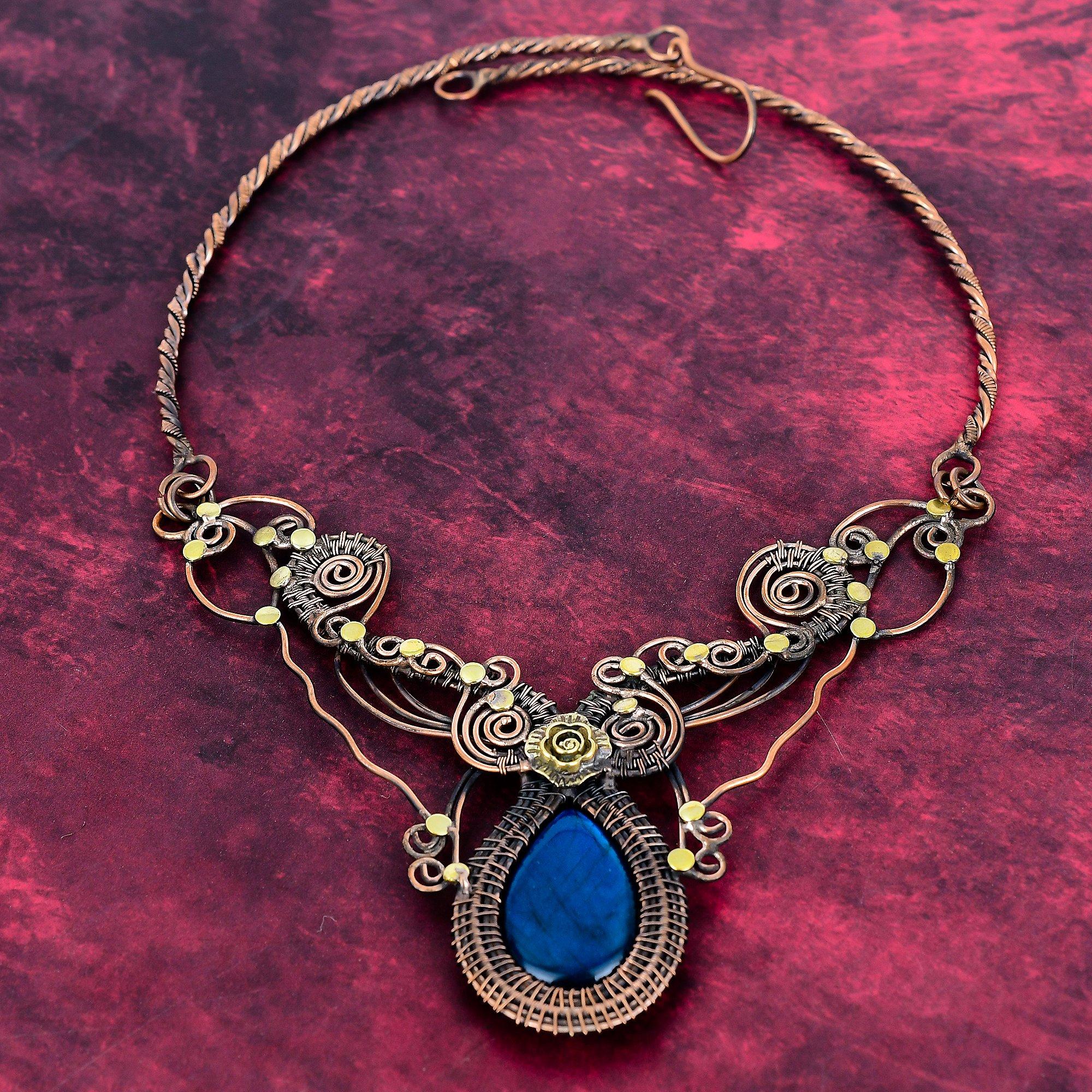 Neon Flash Labradorite Gemstone Necklace Copper Wire Wrapped Adjustable Necklace