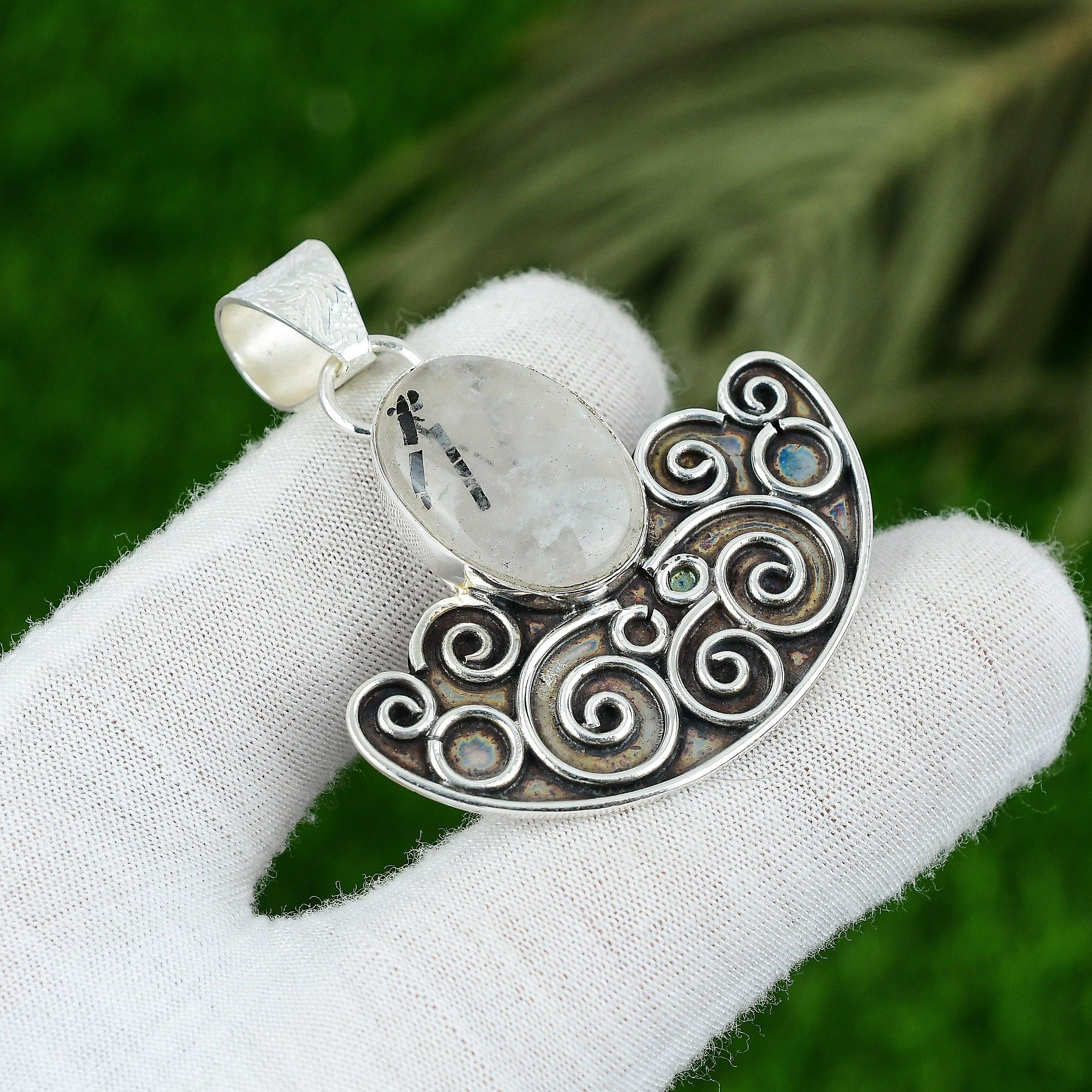 Birthday Gift For Her Natural Black Rutile Gemstone Pendant 925 Sterling Silver
