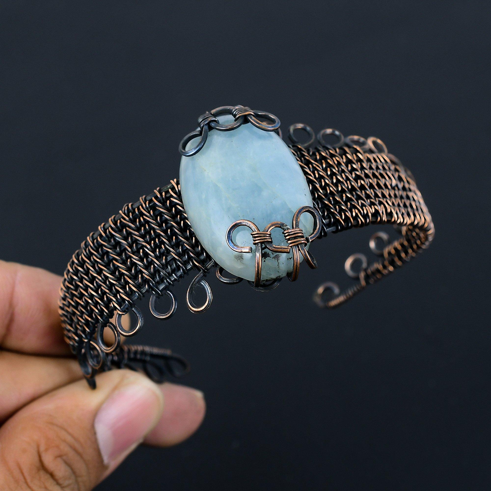 Unique Aquamarine Gemstone Pure Copper Wire Wrapped Handmade Cuff/ Bangle Jewelry