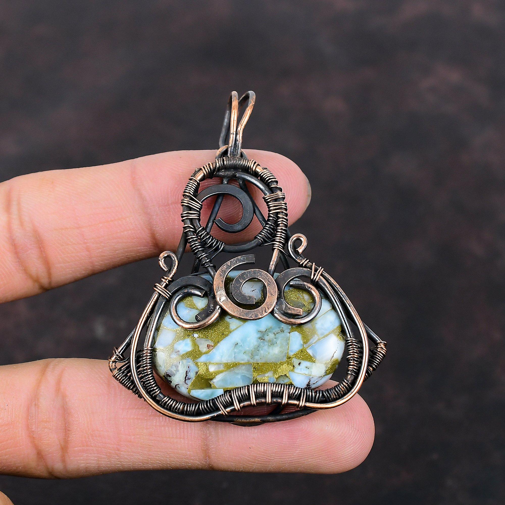 Copper Larimar Pendant Copper Wire Wrapped Gemstone Pendant Copper Jewelry Pendant For Women Handmade Pendant Larimar Jewelry Gift For Wife
