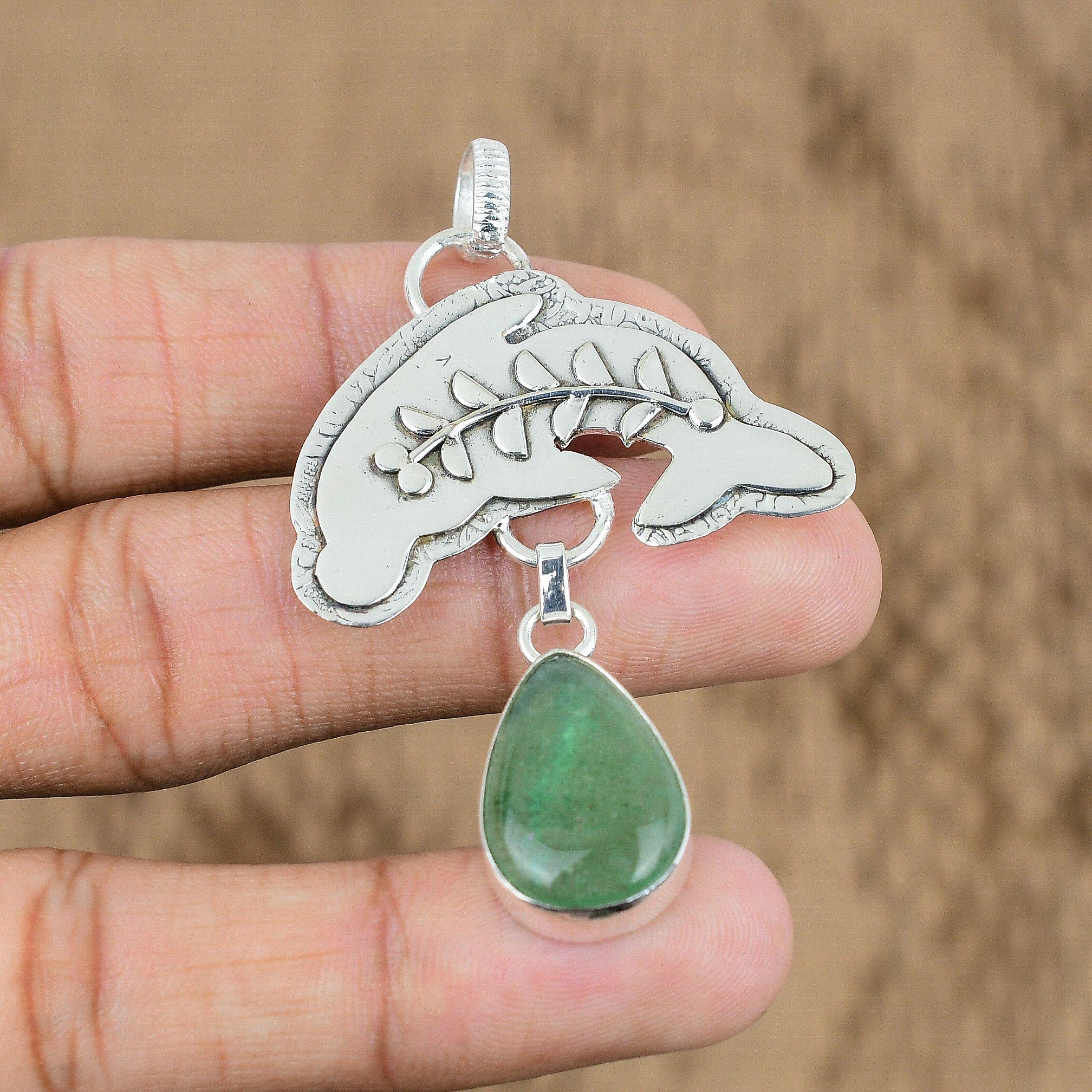 Natural Green Aventurine Gemstone 925 Sterling Silver Pendant Fish For Girls