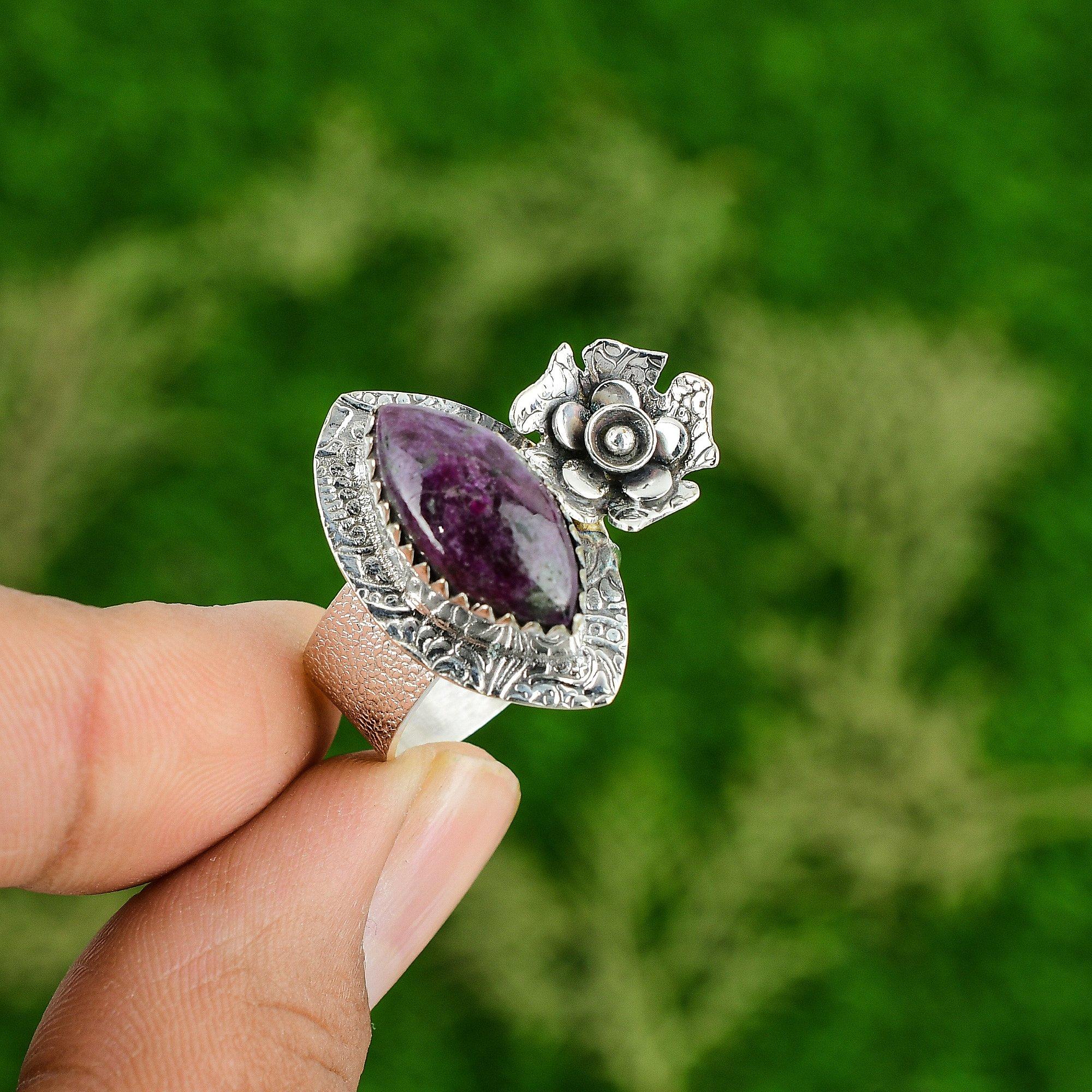 Natural Ruby Zoisite Gemstone 925 Silver Stackable Flower Ring Size 8 For Girls