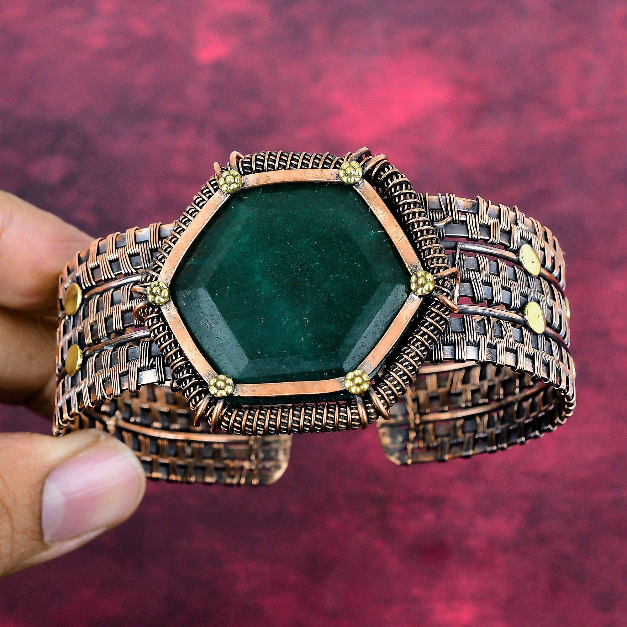 Faceted Zambian Emerald Bangle Copper Wire Wrapped Jewelry Adjustable Bangle