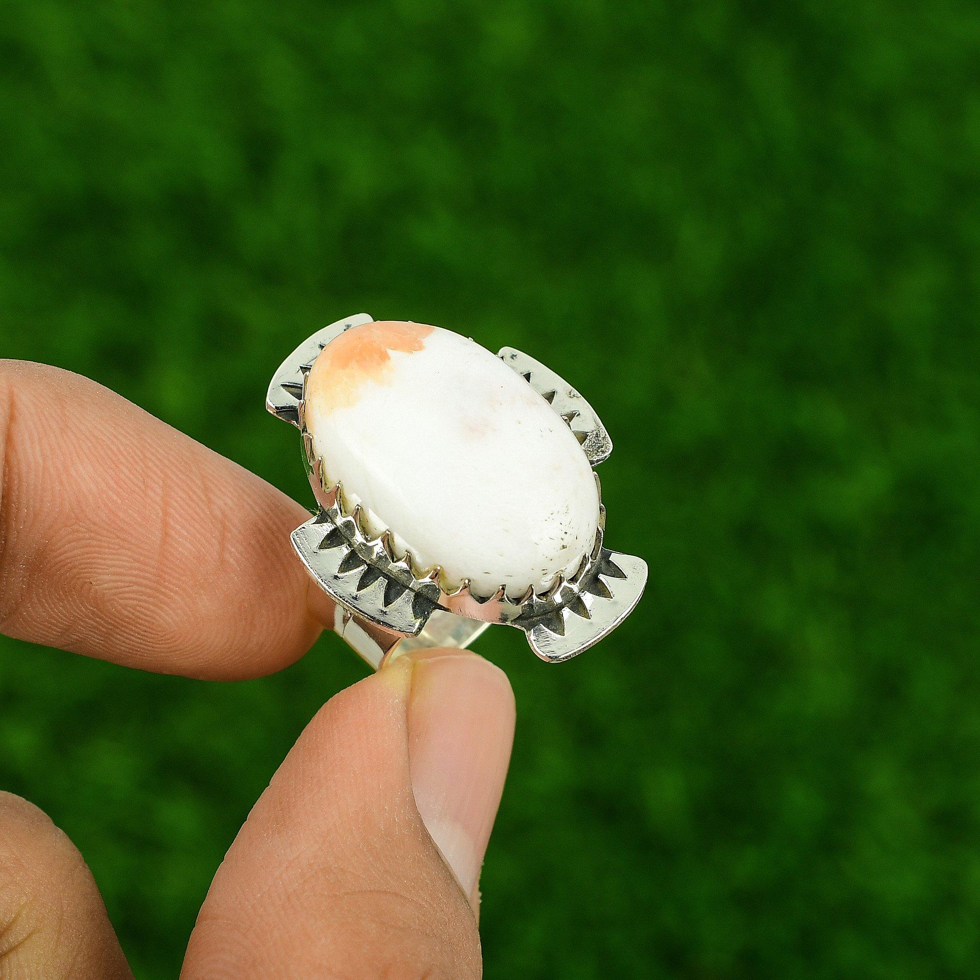 Sterling Silver Oval Natural Scolecite Multi Stone Crown Chakra New Ring US 7.5