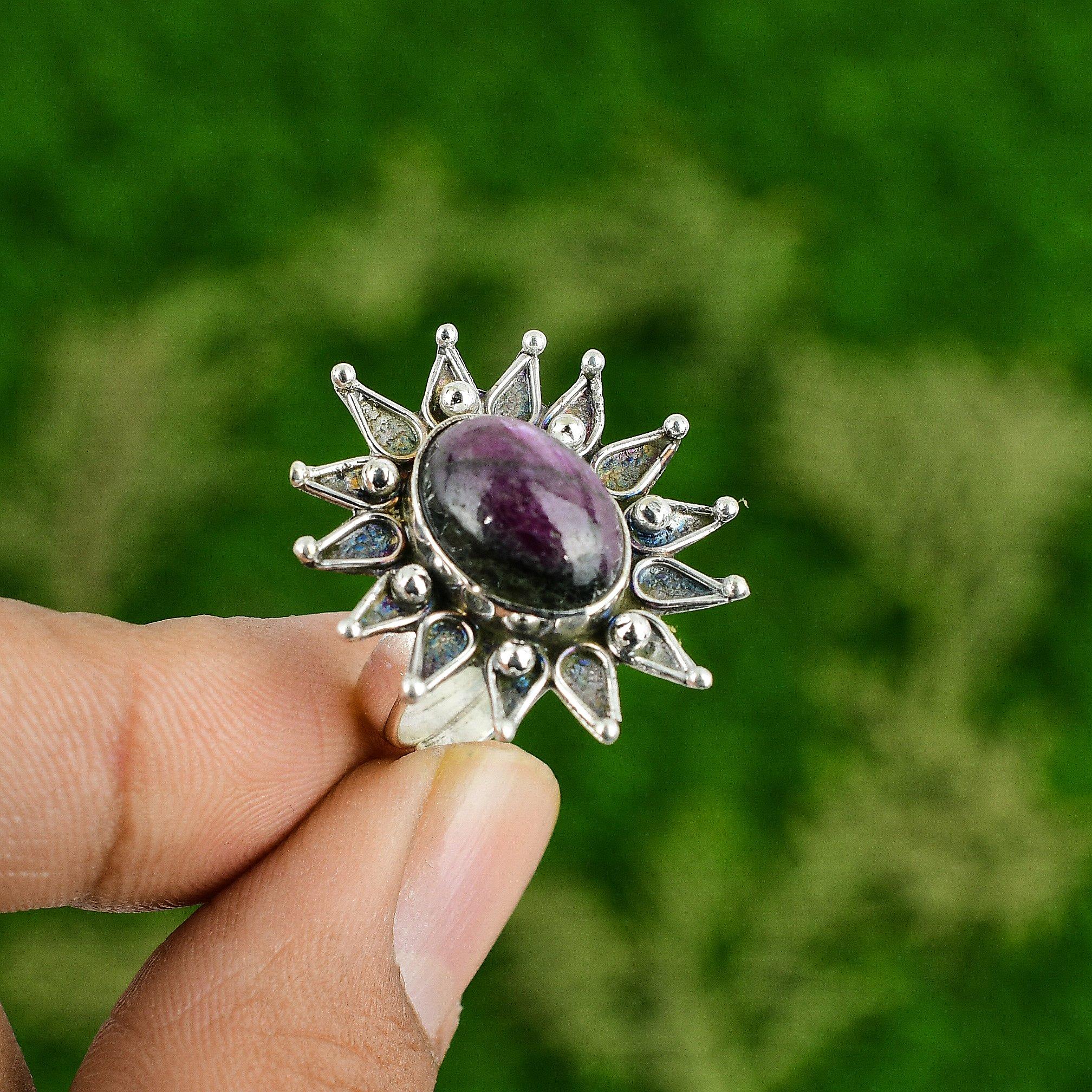 Womens Day Sale Oval Natural Ruby Zoisite Flower Statement Ring Sterling Silver