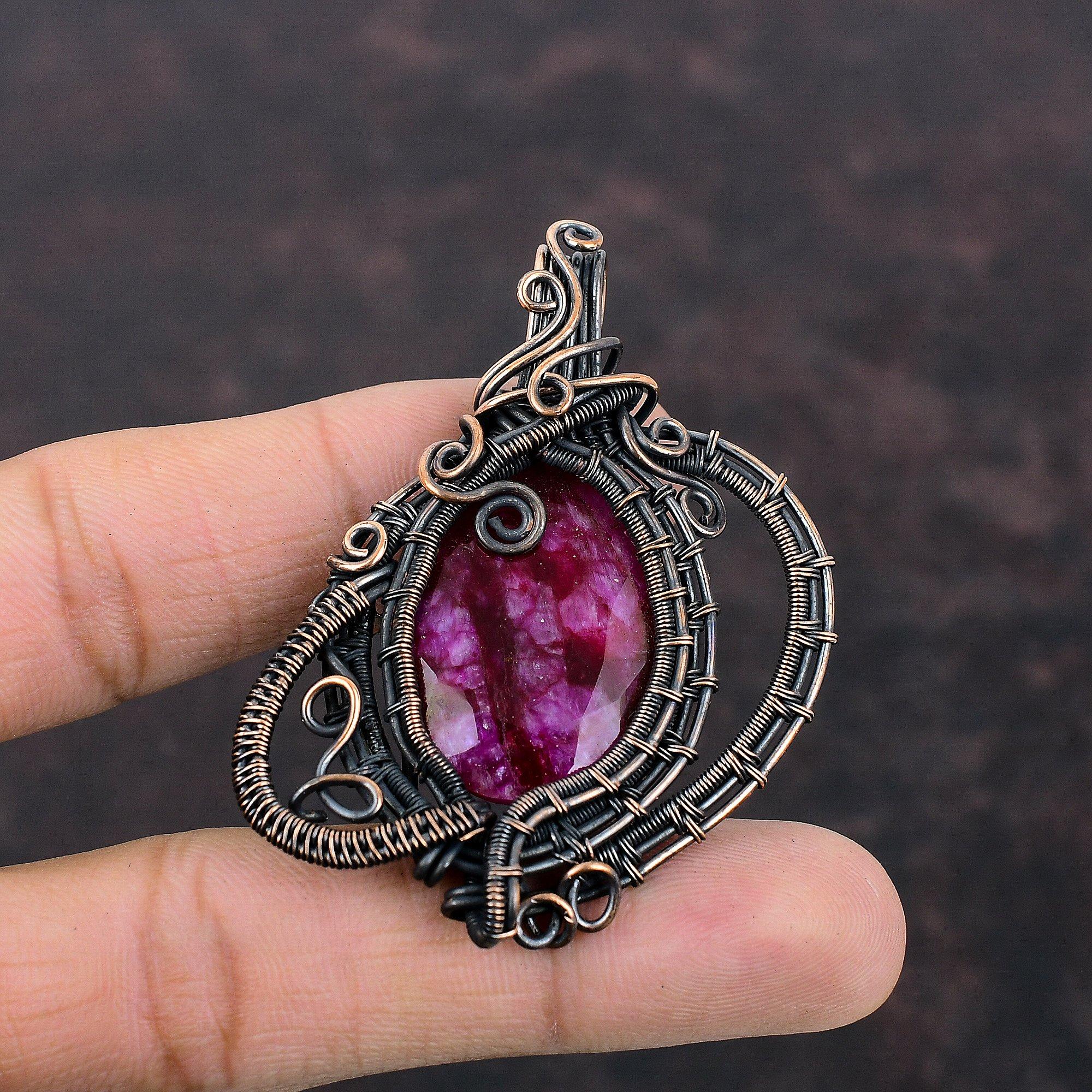 Faceted Kashmir Ruby Pendant Copper Wire Wrapped Pendant Handmade Pendant Copper Jewelry Pendant For Women Gemstone Pendant Engagement Gift