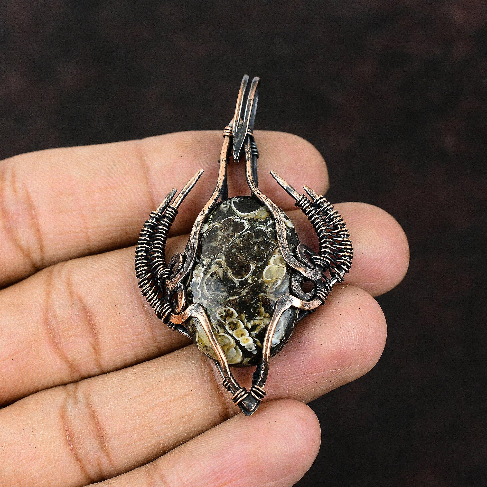 Turritella Agate Pendant Copper Wire Wrapped Pendant Handmade Jewelry Gemstone Pendant Gift For Mother Turritella Agate Jewelry Gift For Her
