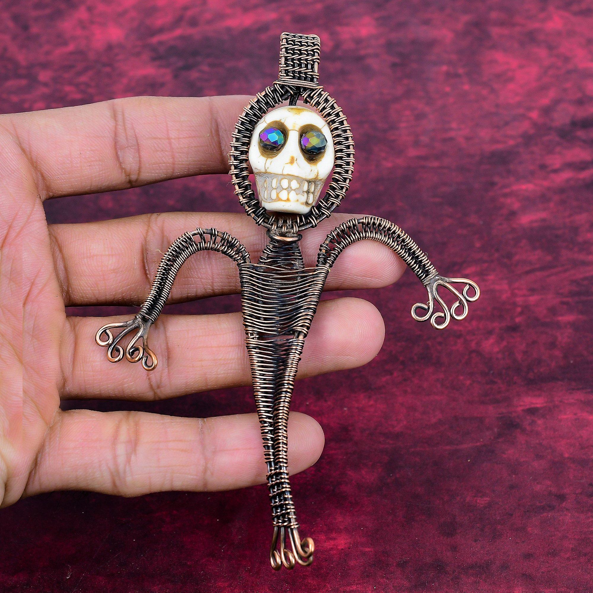 Howlite Gemstone Pendant Copper Wire Wrapped Pendant Titanium Bead Eyes & Skull Bone Face Pendant