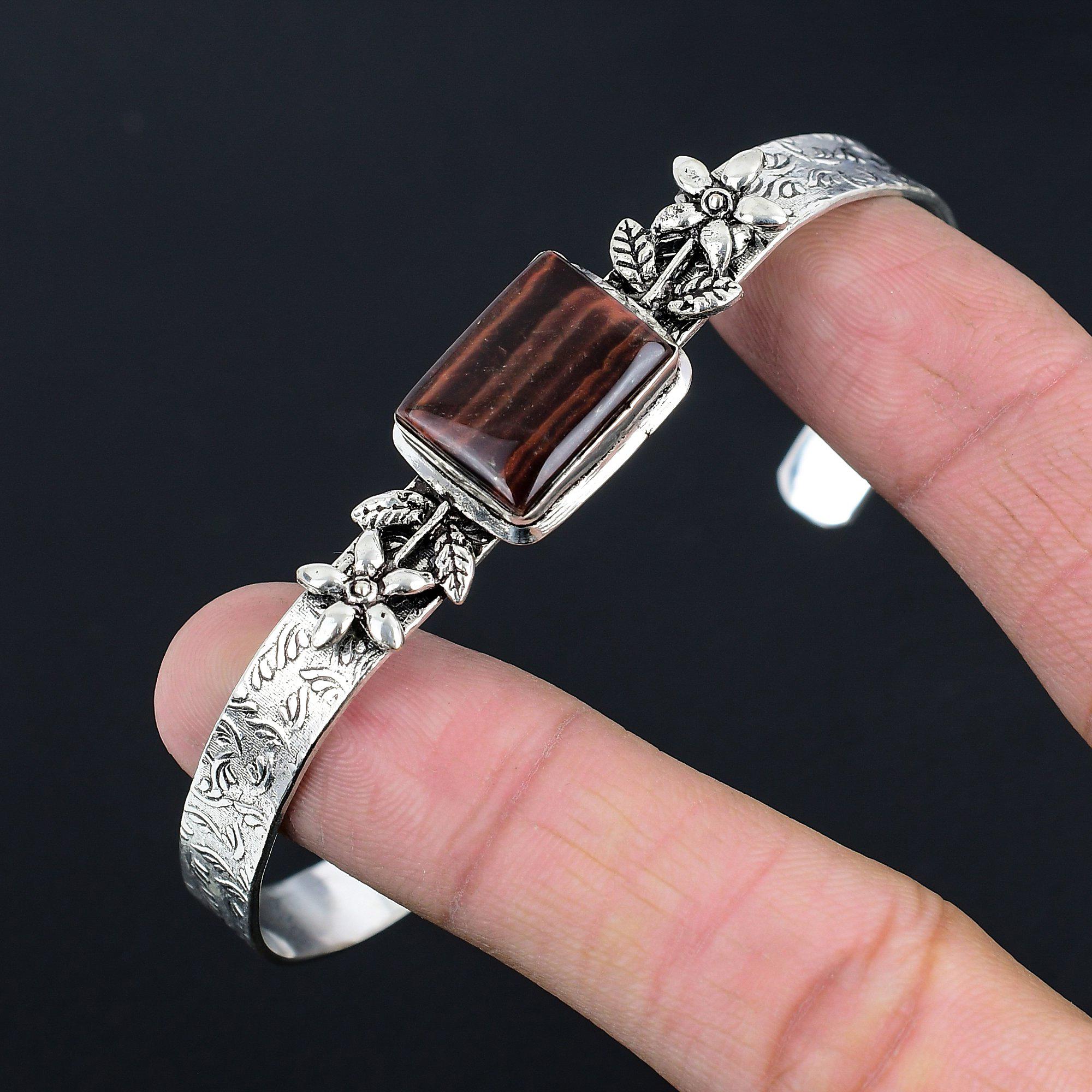 Vente d'Halloween Argent 925 Radiant Œil de Tigre Naturel Ethnique Bracelet Fleur Sœur
