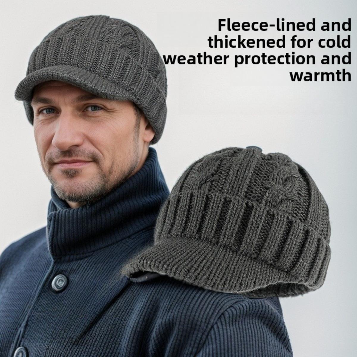 Pánská pletená zimní čepice s fleecem - Teplá čepice bez okraje s krátkým kšiltem vhodná pro střední věk a seniory, silná čepice odolná proti chladu