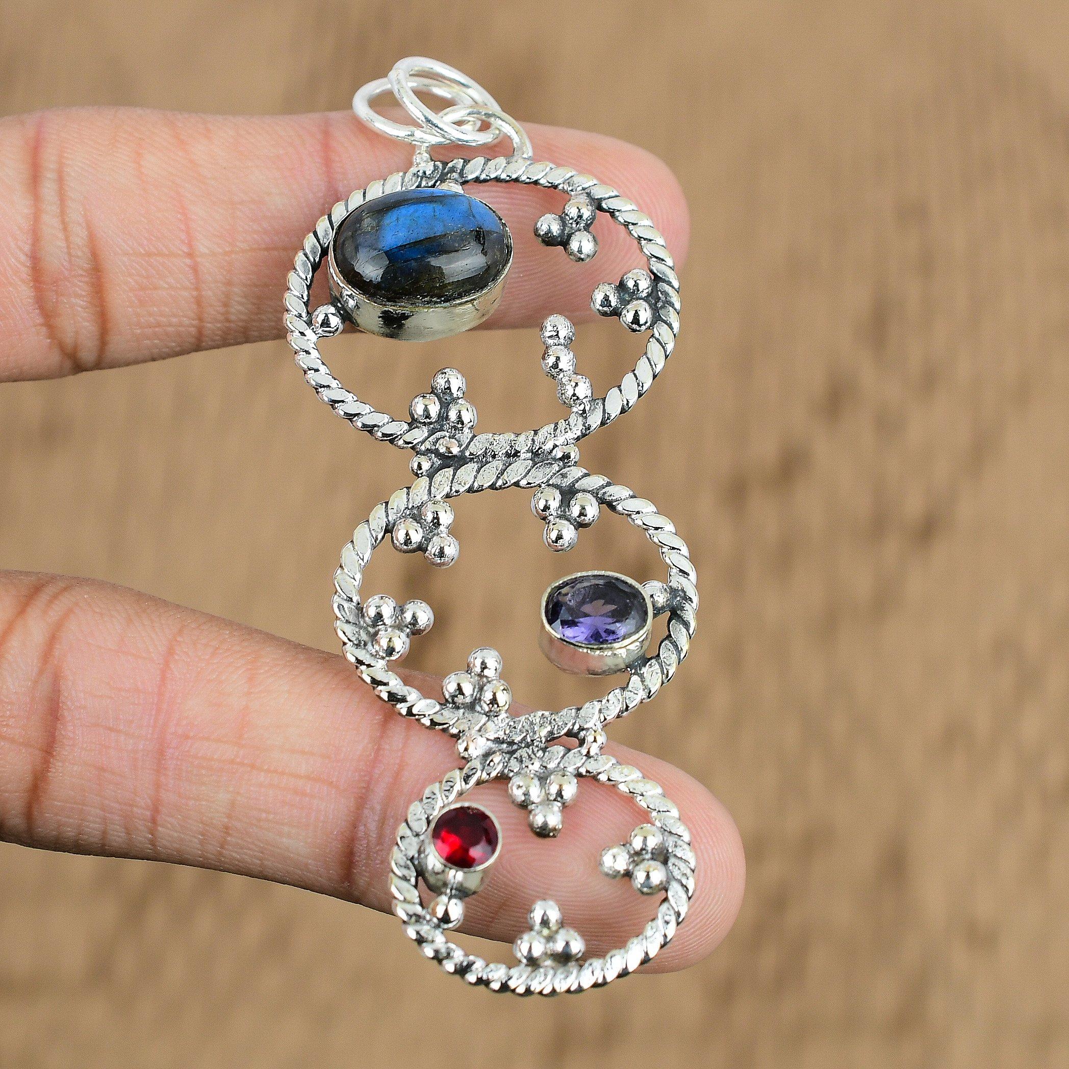 Oval Labradorite Stone African Amethyst Boho Pendant Jewelry 925 Sterling Silver