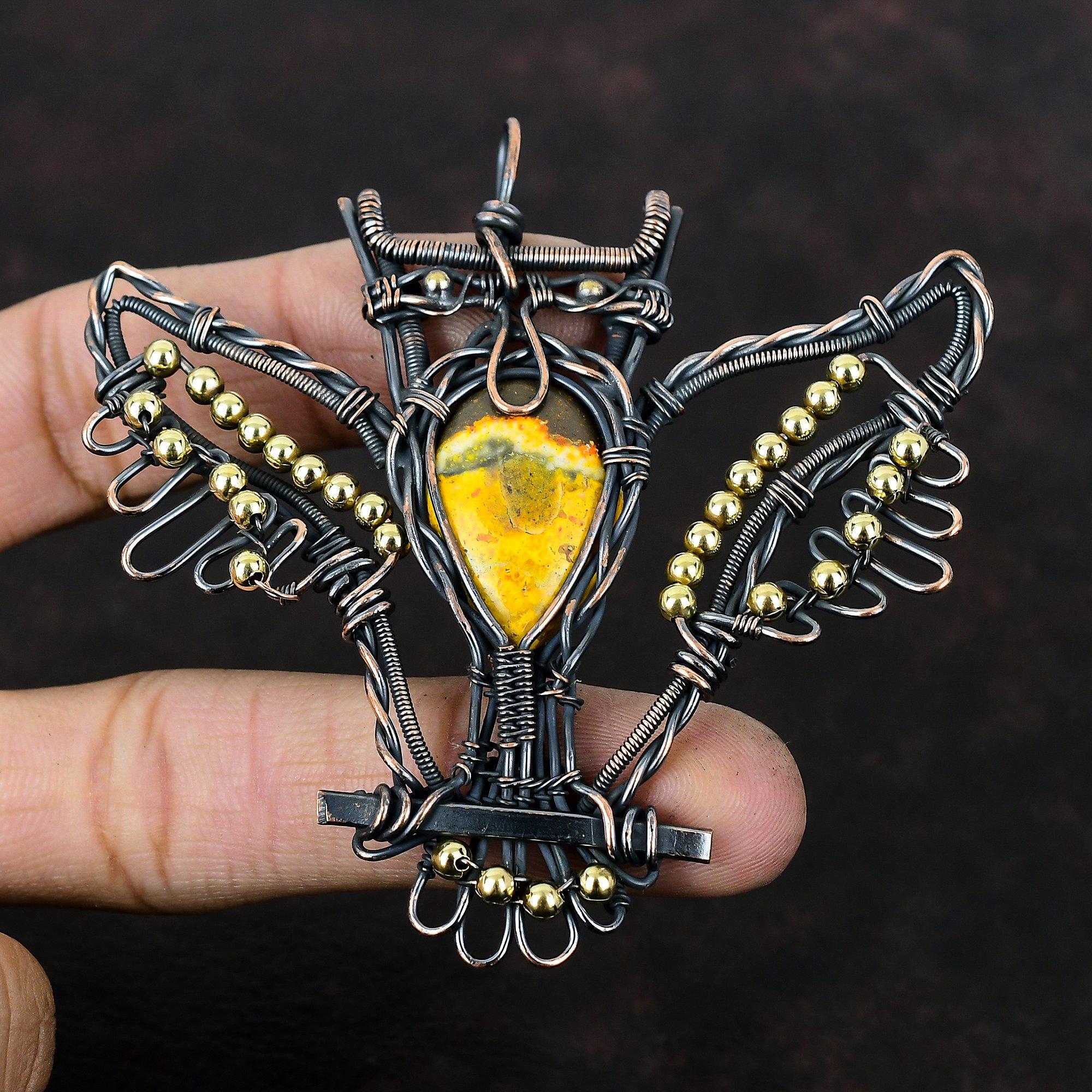 Bumble Bee Jasper Pendant Copper Wire Wrapped Pendant Handmade Jewelry Owl Pendant Natural Gemstone Pendant Copper Wire Jewelry Gift For Her