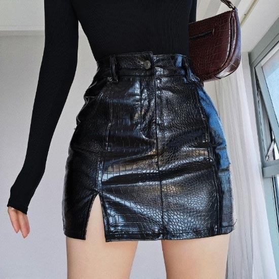 Schlitzte schwarze Röcke für Frauen Frühling Herbst Sexy Krokodilmuster Hohe Taille Hüftlederröcke Mode Hotties Kleidung