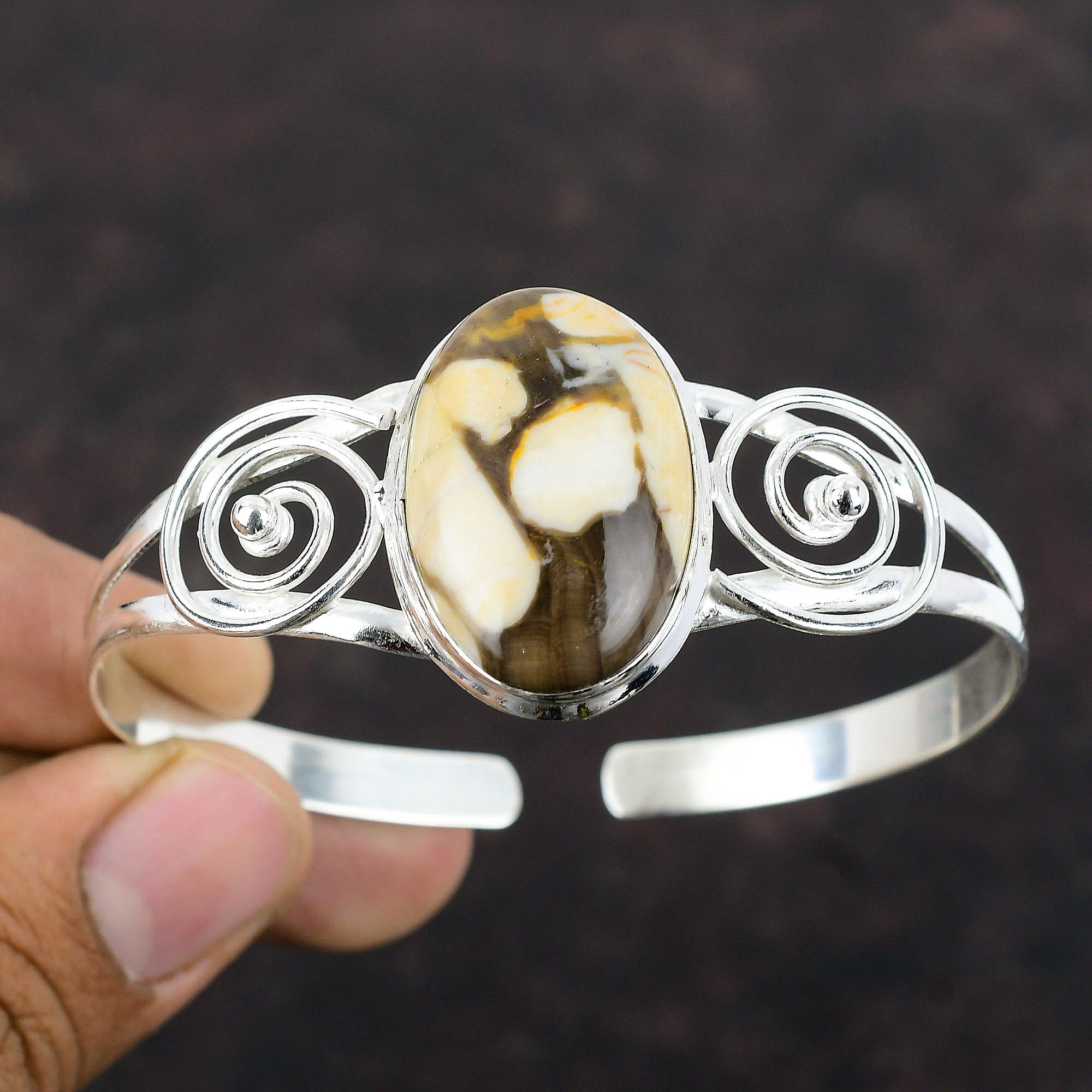 Peanut Wood Jasper Cuff Bracelet Gemstone Bangle 925 Sterling Silver Bangle Adjustable Cuff Bangle Handmade Healing Stone Jewelry For Gifts