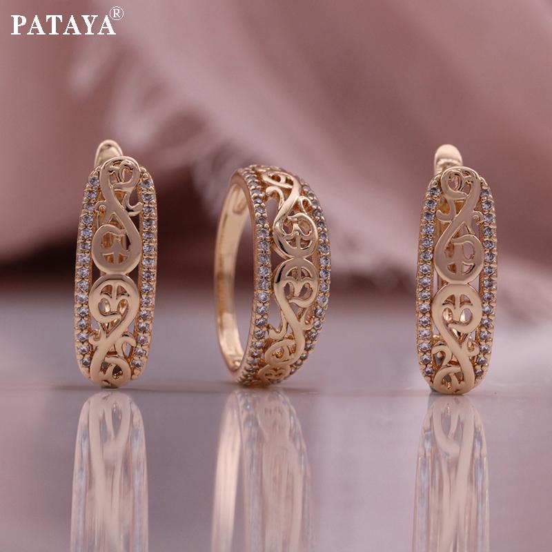 PATAYA 585 Rose Gold Color Oval Shape Set with White Artificial Zircon Earring Ring Combination Set
