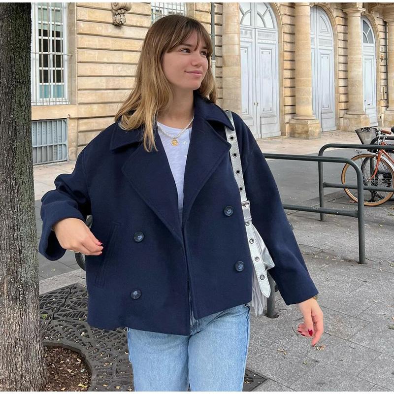 Fashion Short Woolen Coat Women's Fleece Long Sleeve Double Breasted Lapel Pocket Coat 2025  Elegant Autumn Coat New Style