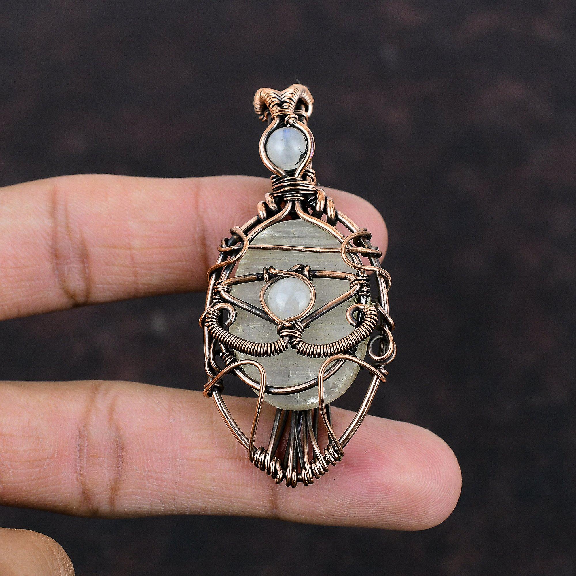 Böses Auge Selenit Druzy Anhänger Kupferdraht umwickelter Edelsteinanhänger Böses Auge Schmuck Handgemachter Mondsteinanhänger Geschenk für Sie Kupferschmuck