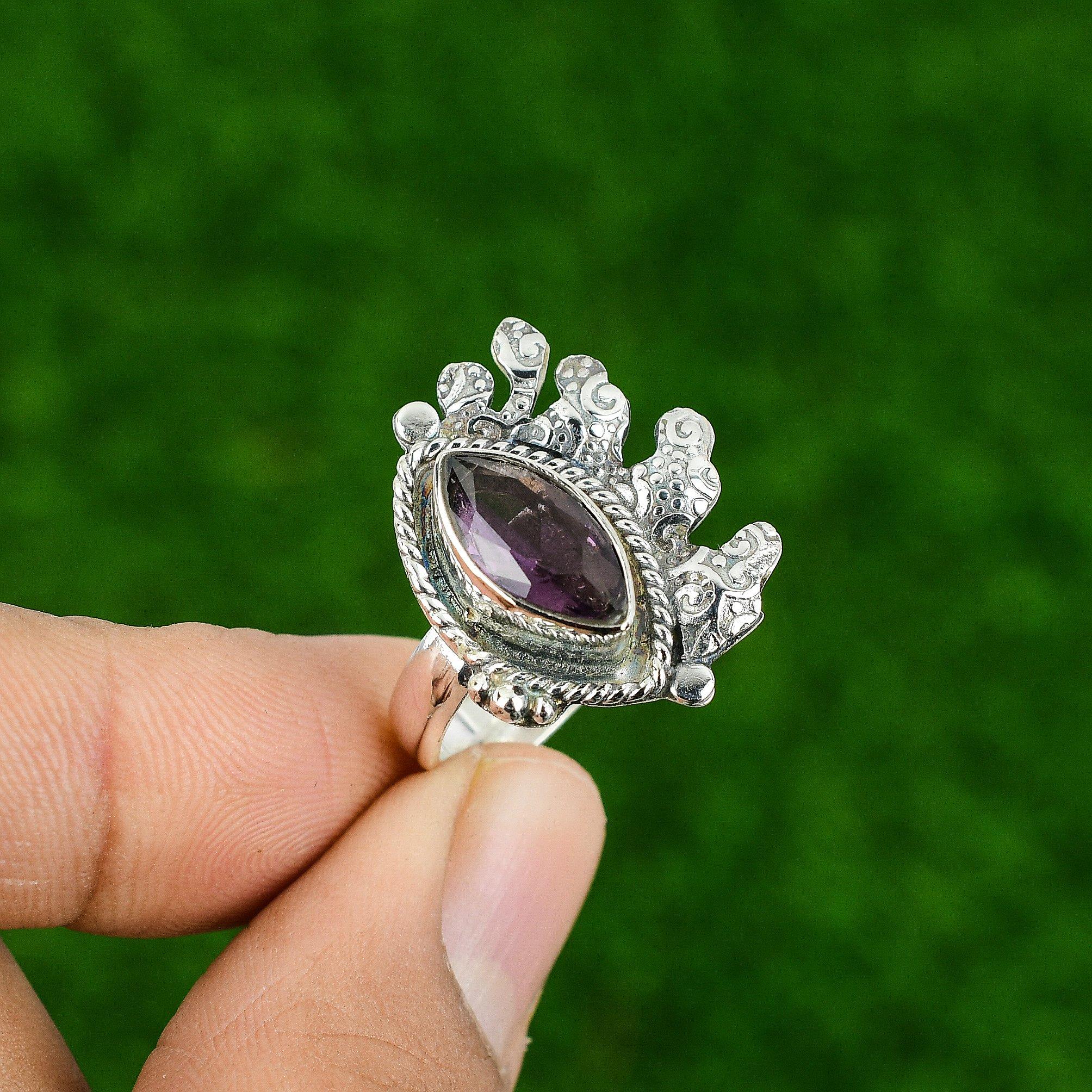 Gift For Her Natural African Amethyst Statement Adjustable Ring 925 Silver