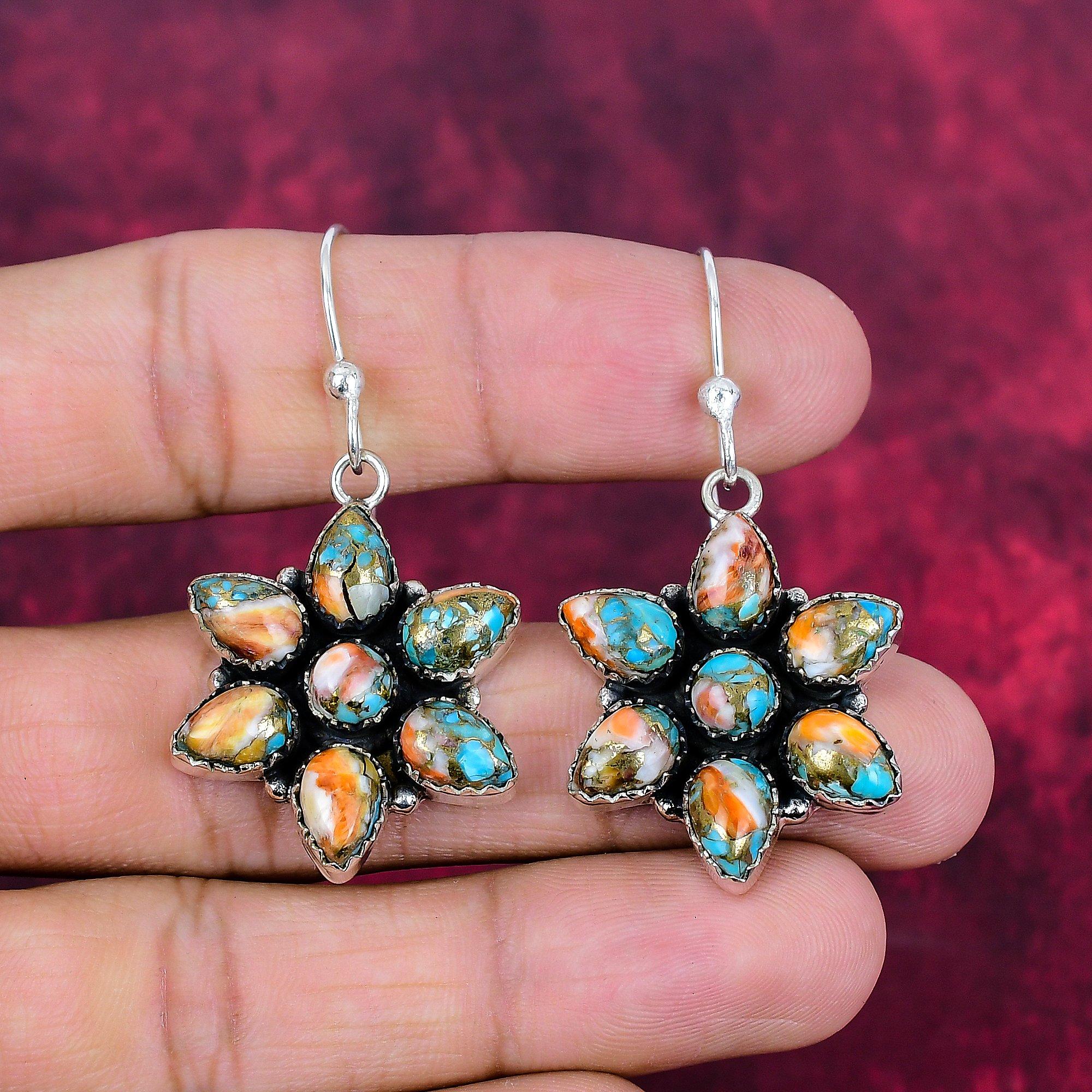 Orange Spiny Copper Turquoise Earrings, 925 Solid Sterling Silver Gemstone Jewelry, Handmade Earrings, For Thanksgiving