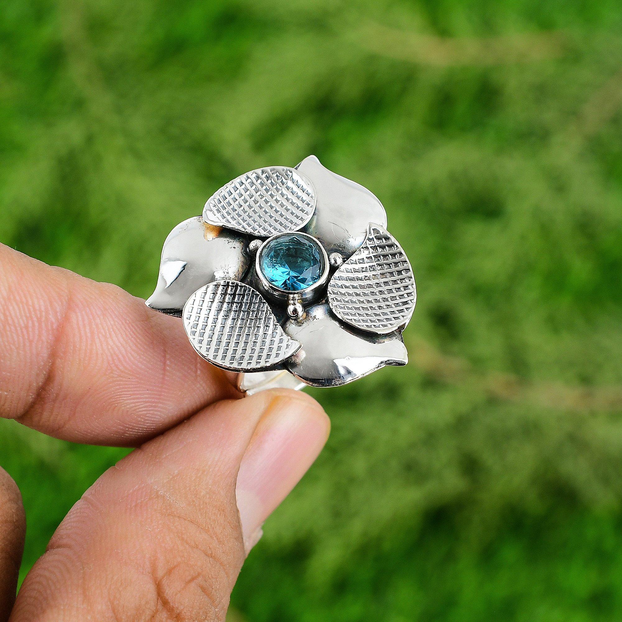 Natural Swiss Blue Topaz Solitaire Flower Adjustable Ring 925 Silver