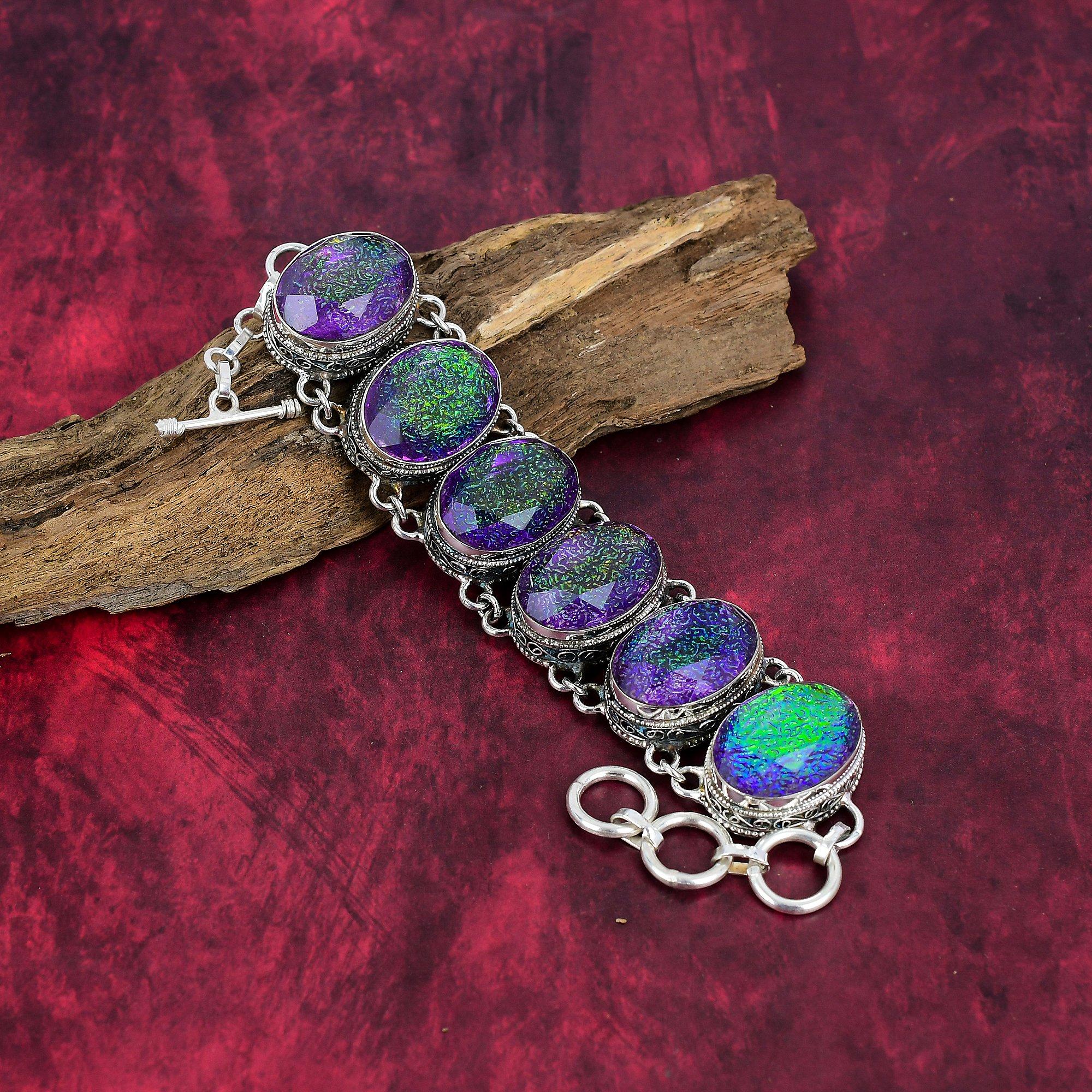 Fioletowy Opal Potrójny Ręcznie Robiony Bransoletka z Kamieni Szlachetnych, Srebro Próby 925, Antyczna Biżuteria, Na Prezent Zaręczynowy