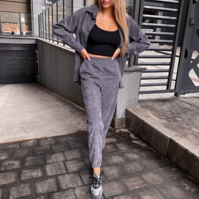 Women Causal Turn Down Collar Single-breasted Shirt Elastic Waist Straight Leg Pants Outfits Corduroy Warm Velvet Two Piece Set