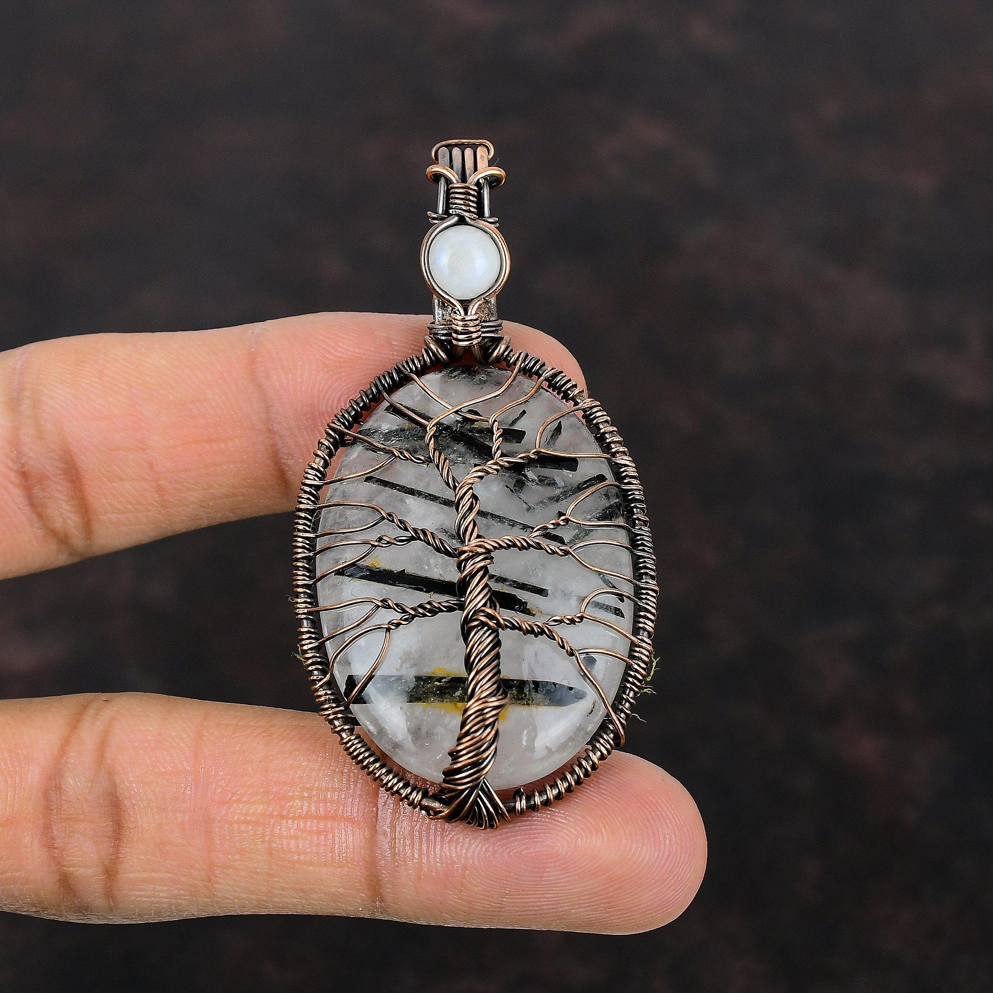 Baum des Lebens Schwarzer Rutil Edelstein Anhänger Kupferdraht gewickelter Schmuck Zierlicher Regenbogenmondstein Anhänger Geschenk für Sie Handgefertigter Kupferanhänger