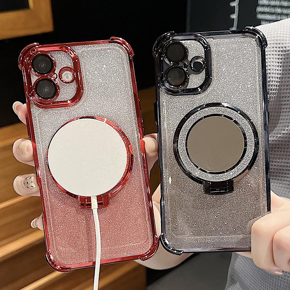 Plating Flash Mirror Holder Stand Soft Silicone Four Corners Air Cushion Shockproof Protection Case for OPPO Reno Realme OnePlus Vivo