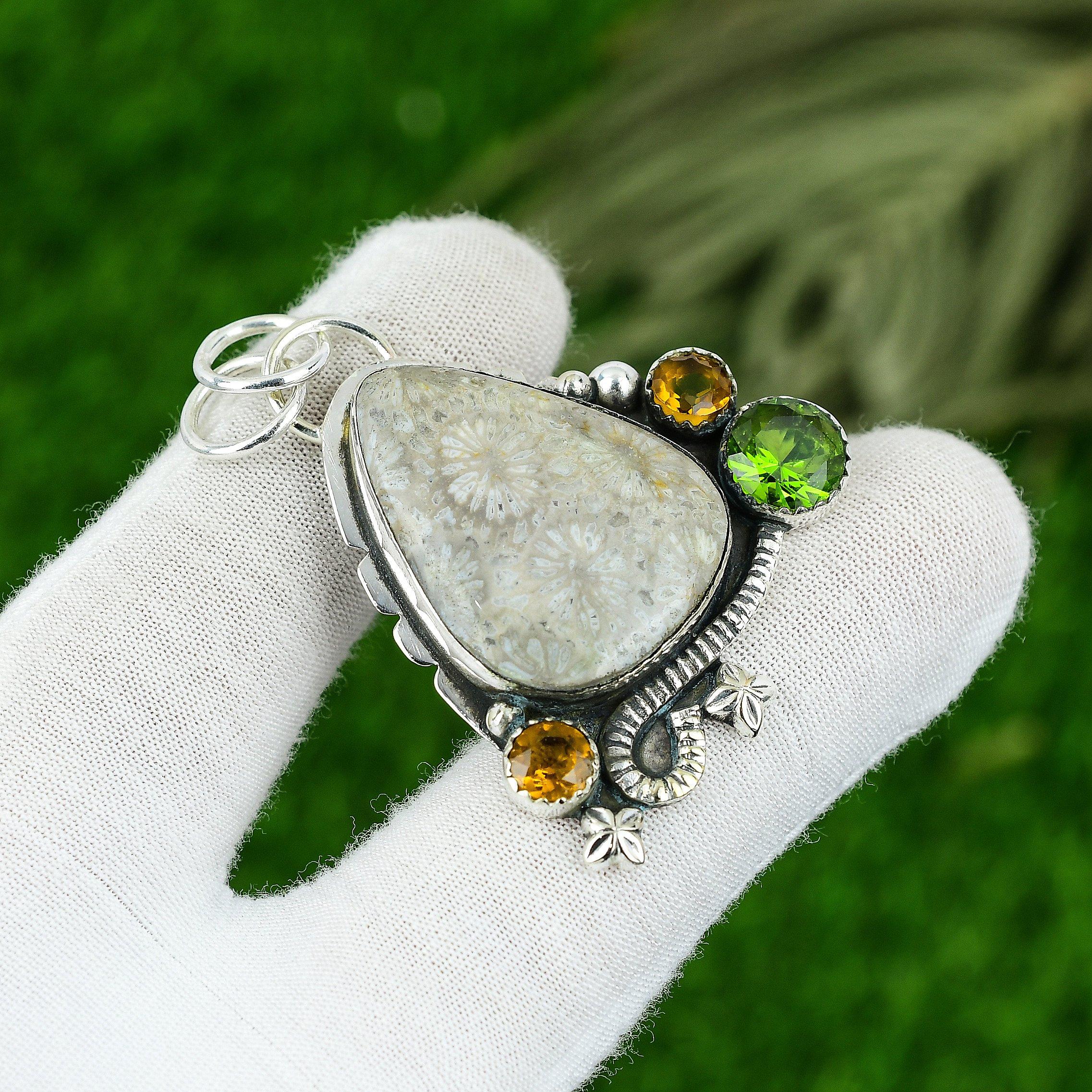 Womens day Deal Pear Natural Fossil Coral Citrine 925 Sterling Silver Pendant
