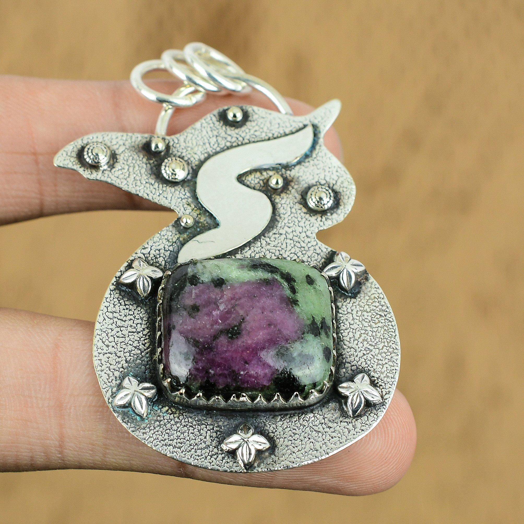 Anniversary Gift For Her Natural Ruby Zoisite Gemstone Pendant 925 Silver