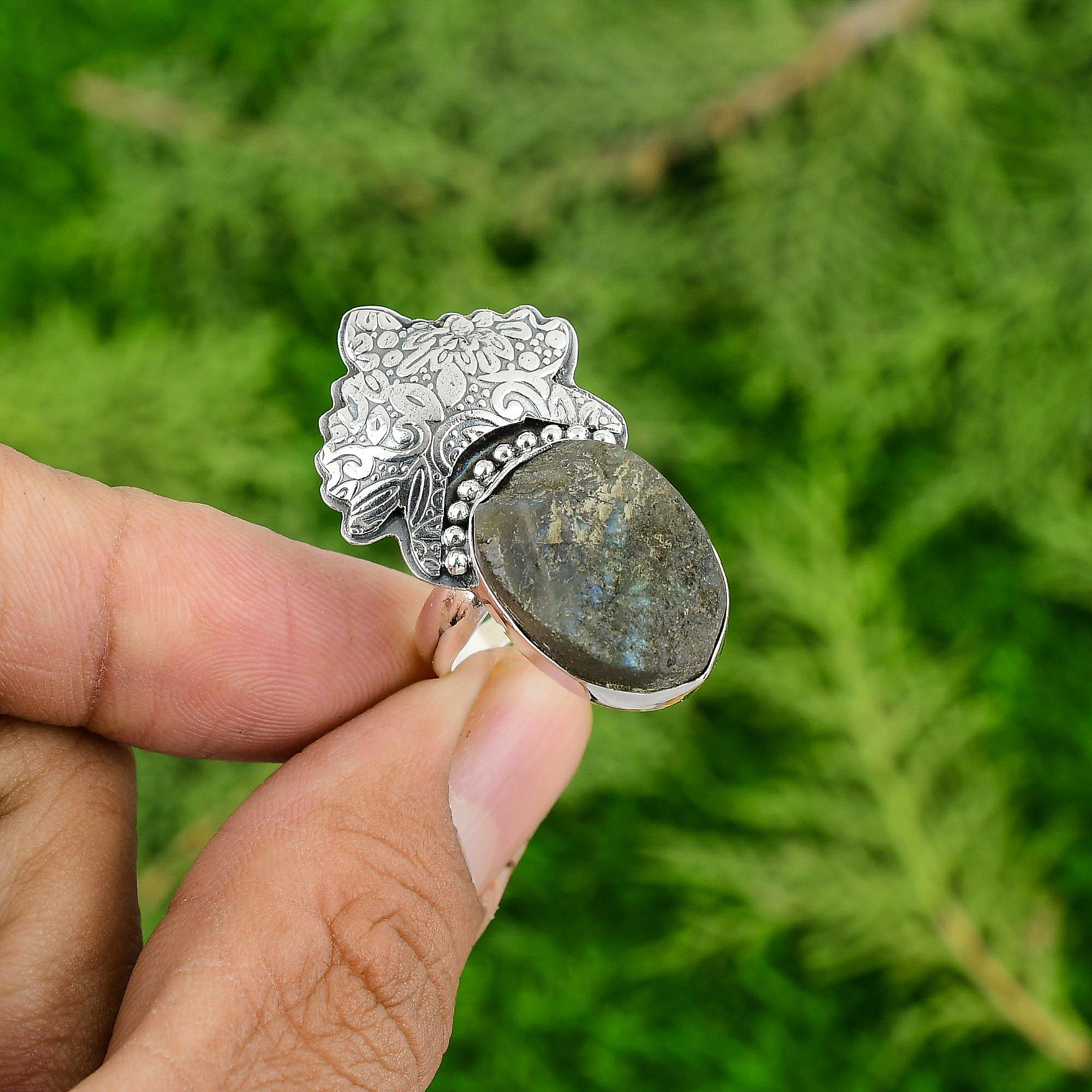 Sterling Silver Natural Labradorite Rough Bezel Boho Wife Stackable Ring Jewelry