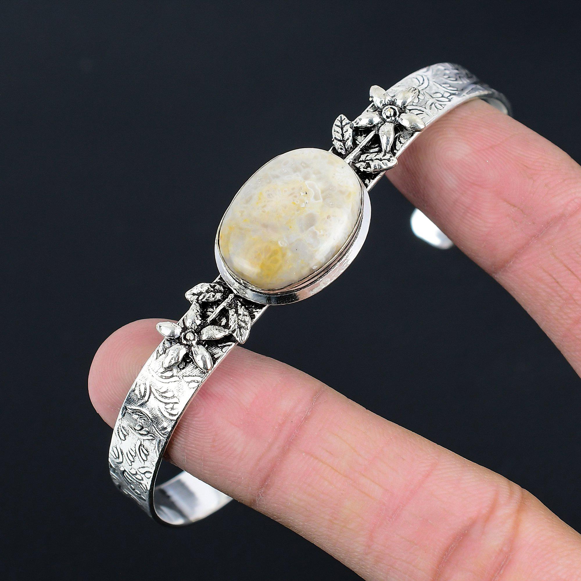 Offre Fête des Filles Bracelet Jonc Nouveau Fleur Pierre Précieuse Corail Fossile Argent 925