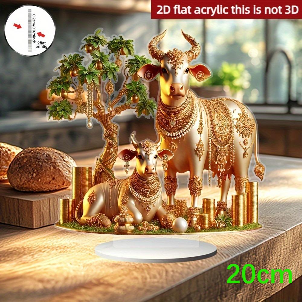 2D Flat Acrylic Statue, Boho Style Cow & Calf With Stand, Tabletop Decor For Home Office Cafe, Unique Animal Collectible