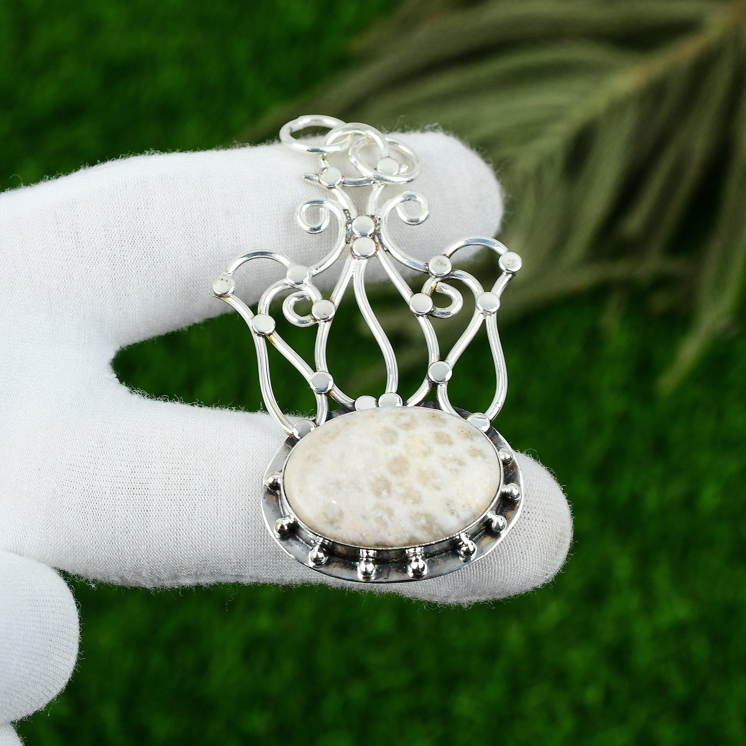 Mothers Day Deal Root Chakra Natural Fossil Coral Sterling Silver Bezel Pendant