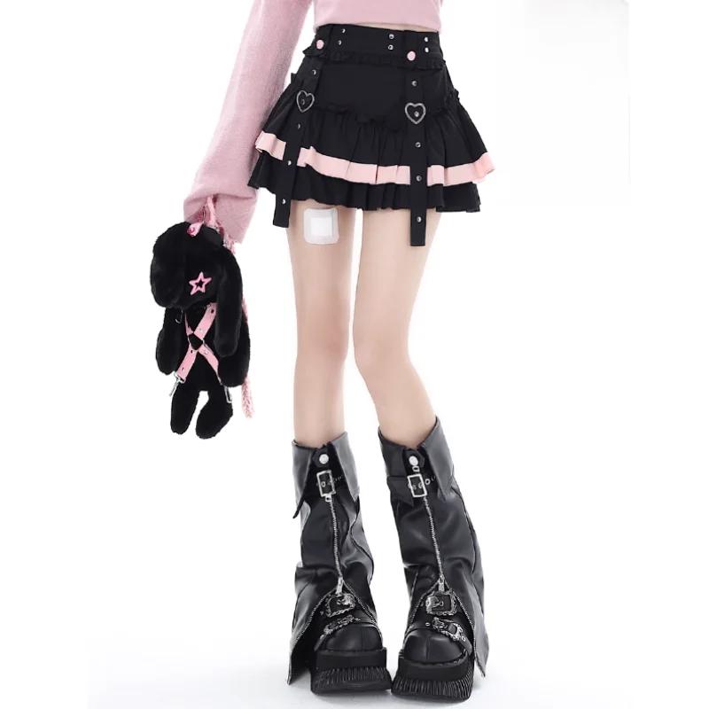 Japanese Kawaii Mini Cake Skirts Womens Sweet Patchwork Lolita Sexy High Waist Skirts Y2k Gothic Lace Aesthetic Ruffled Skirts