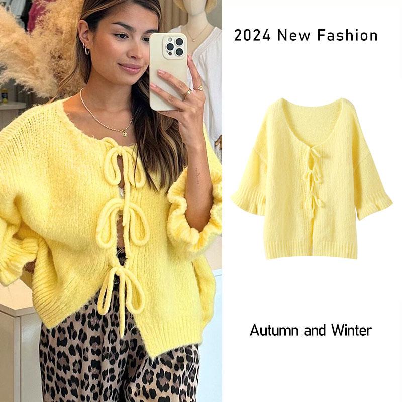 Women's Knitted Cardigan Lace-up Petal Cuff Sweet Solid Color Sweater Loose Casual Knit Jacket New Fashion Autumn and Winter